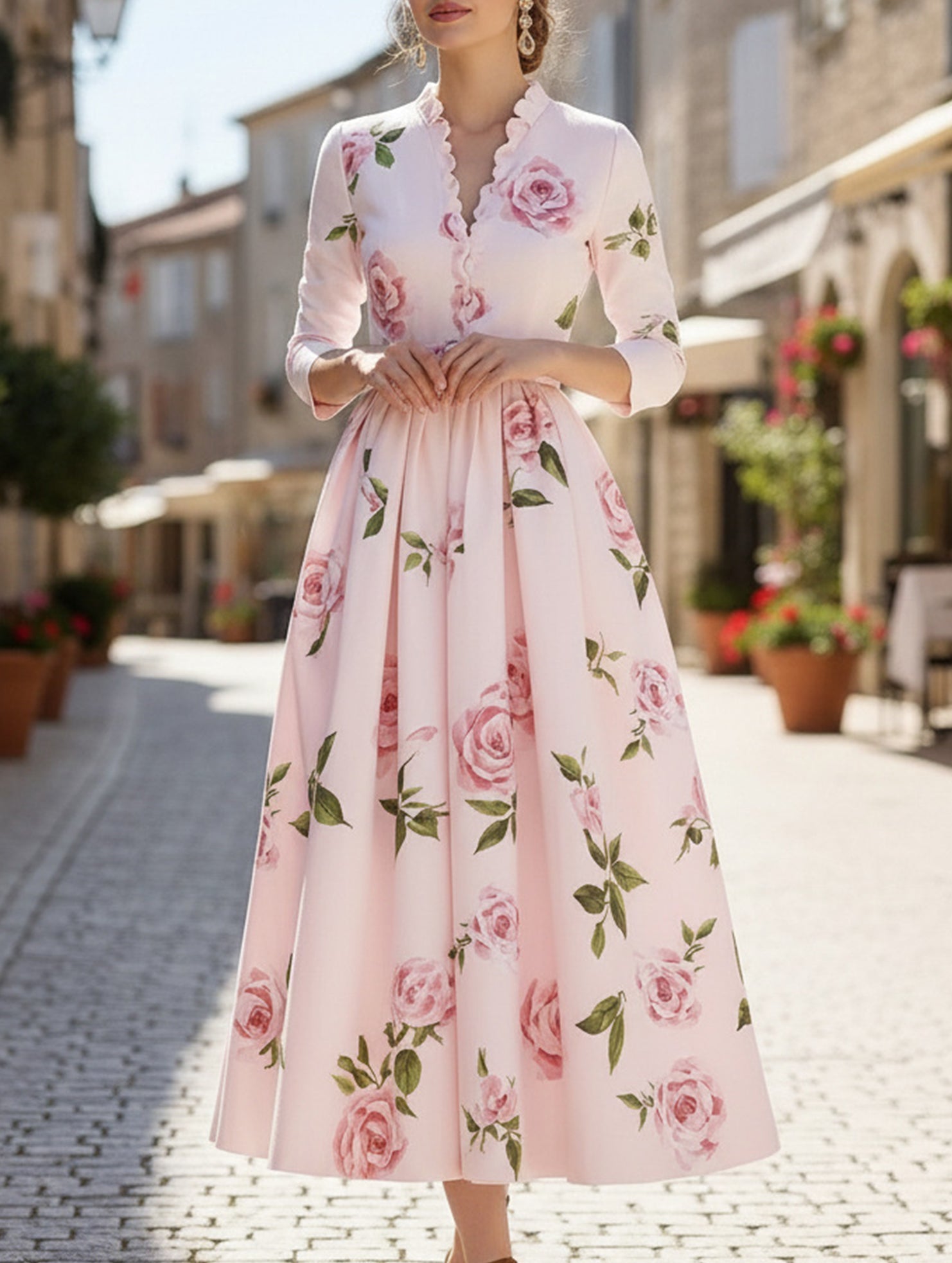 Anna-Berg | Print V Neck Waist A-Line Dress
