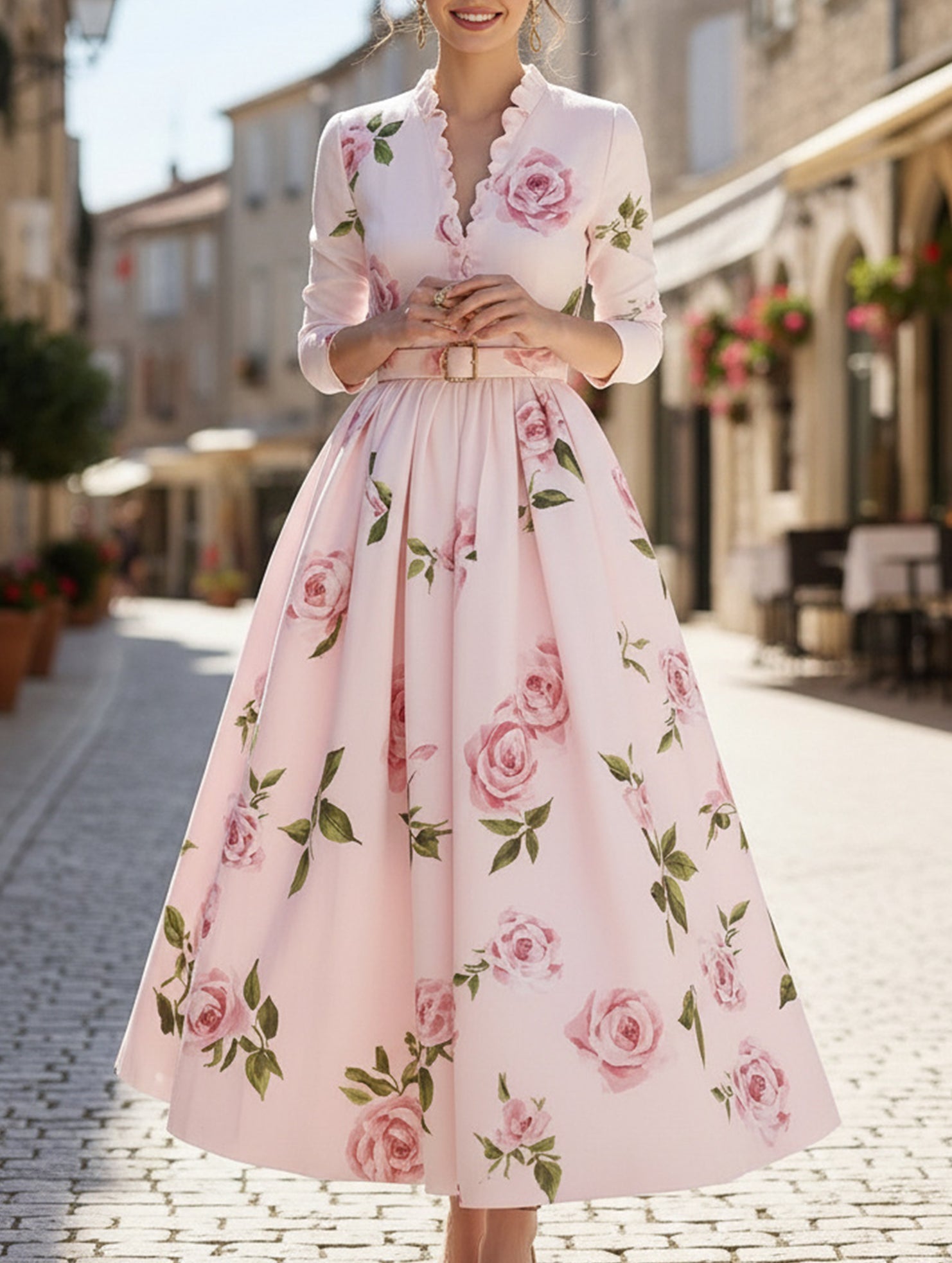 Anna-Berg | Print V Neck Waist A-Line Dress