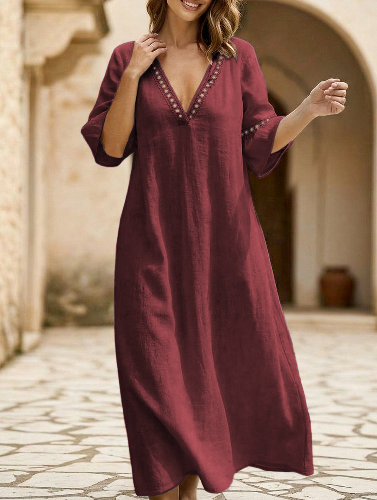 Anna-Berg | Linen V Neck Loose Dress