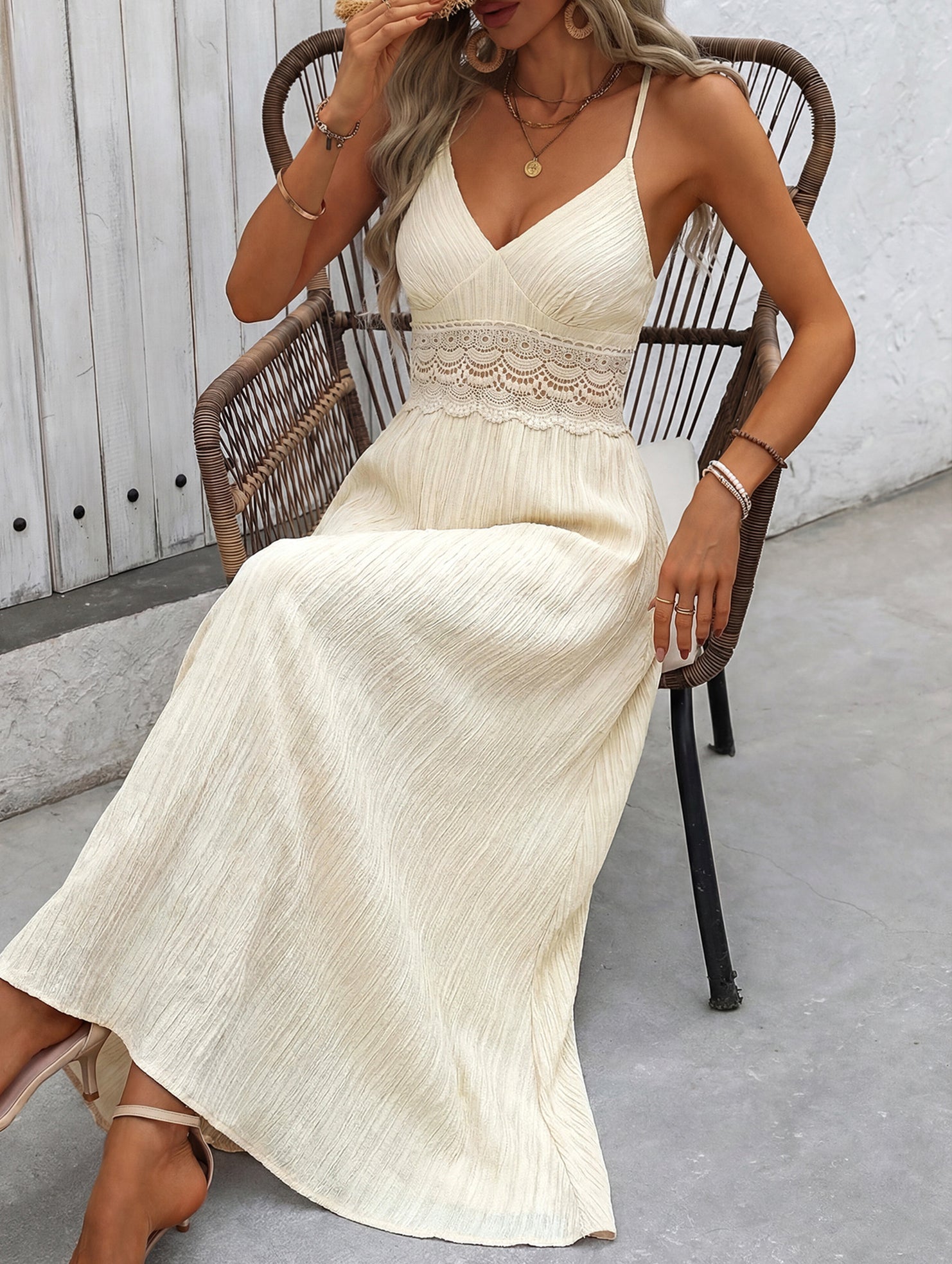 Anna-Berg | Halter Lace Patch V Neck Dress
