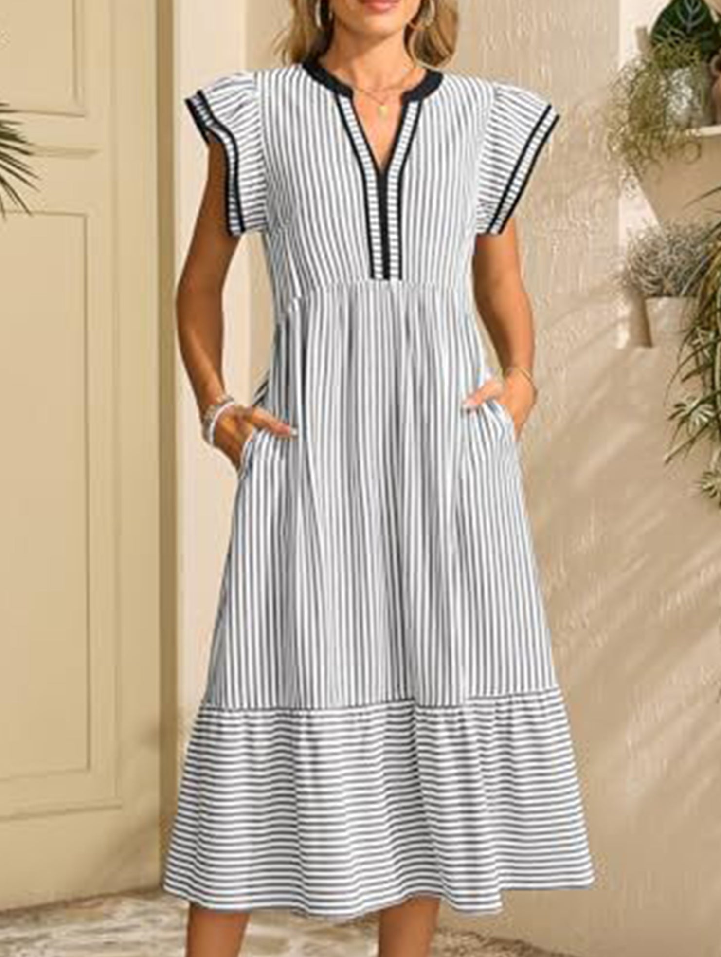 Anna-Berg | Colorblock Stripe Flutter Sleeve Dress