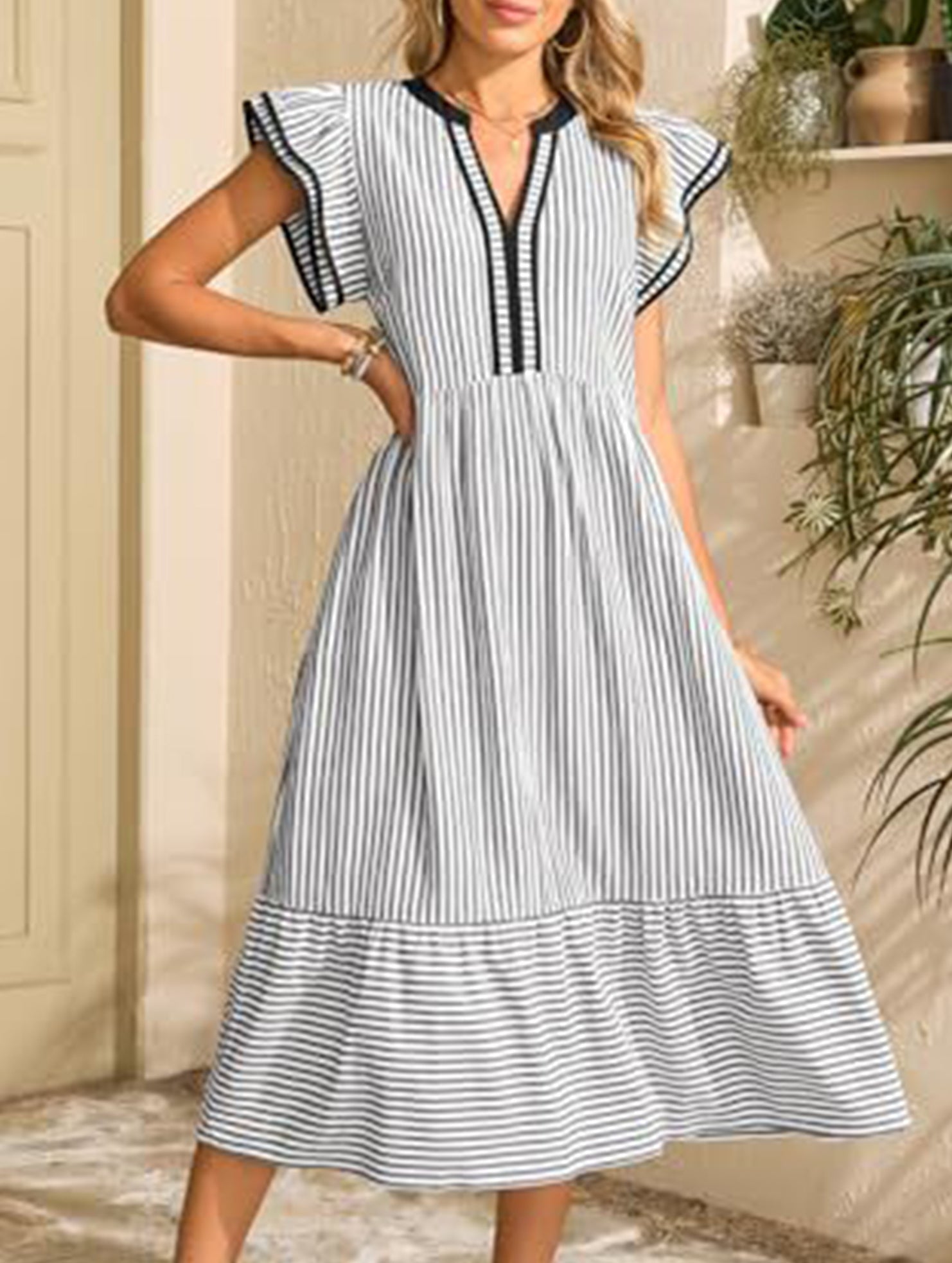 Anna-Berg | Colorblock Stripe Flutter Sleeve Dress