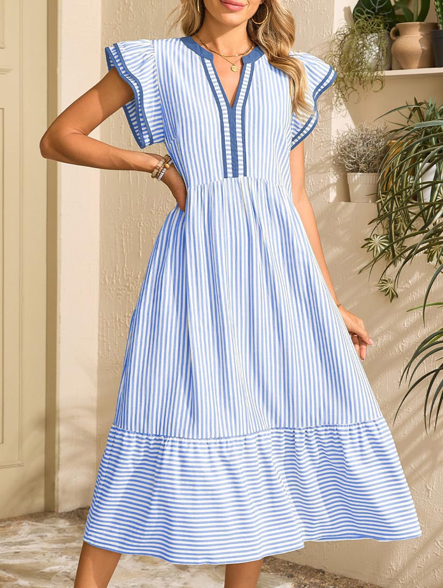 Anna-Berg | Colorblock Stripe Flutter Sleeve Dress
