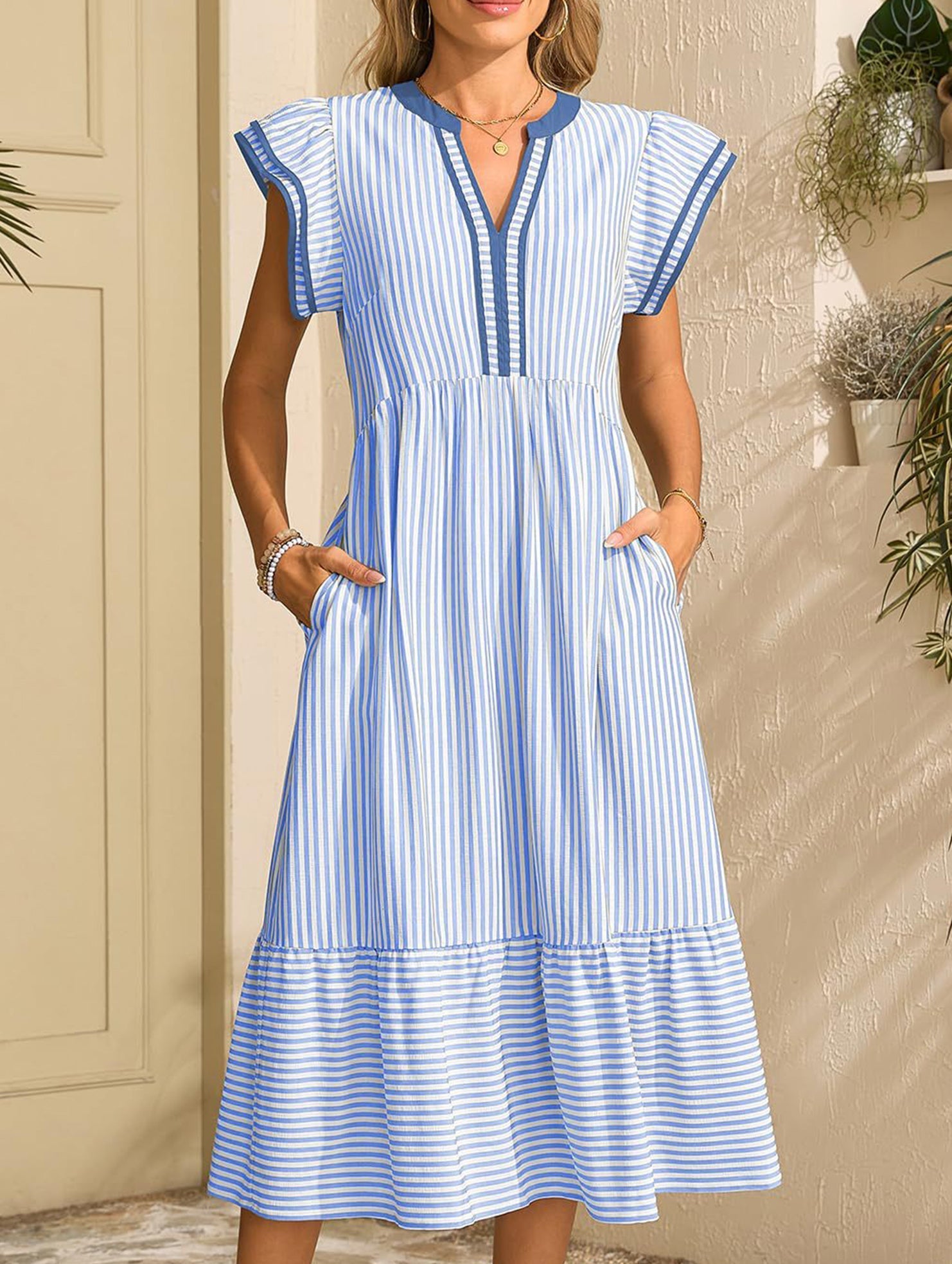 Anna-Berg | Colorblock Stripe Flutter Sleeve Dress