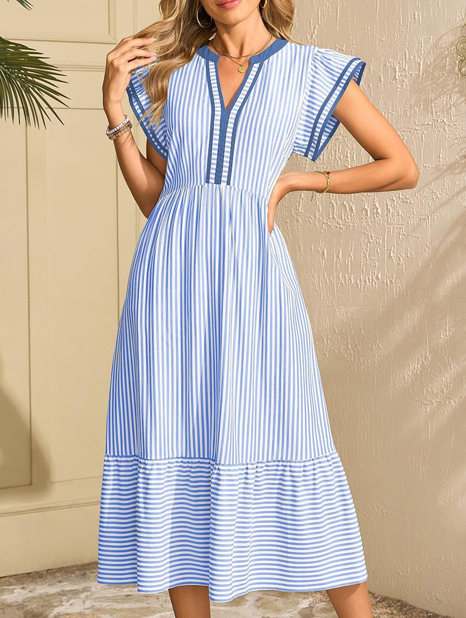 Anna-Berg | Colorblock Stripe Flutter Sleeve Dress