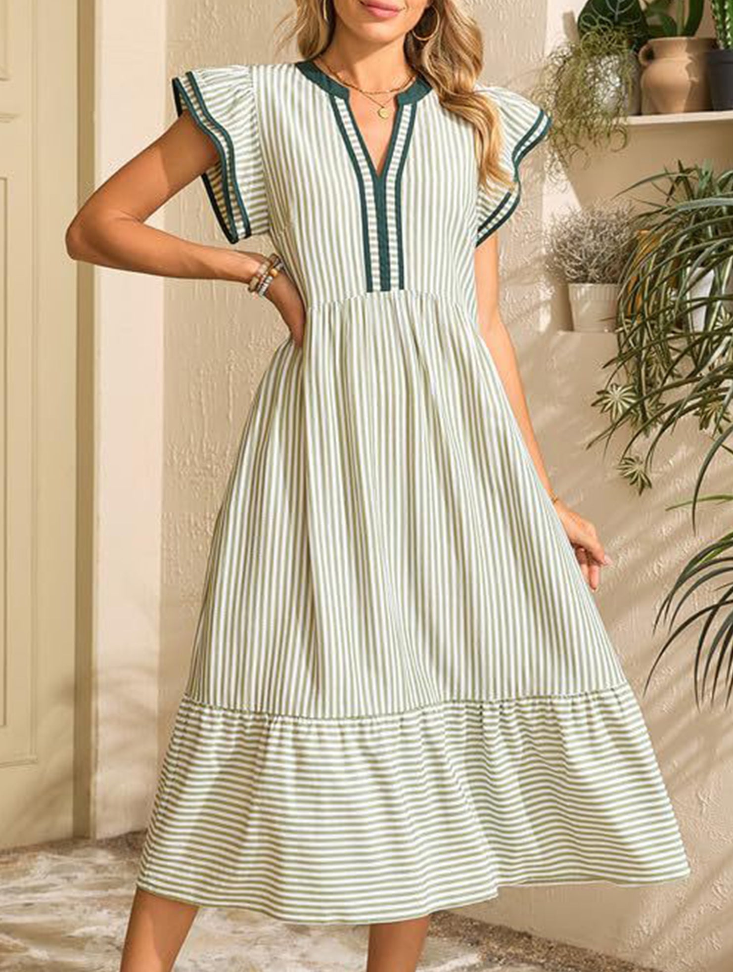 Anna-Berg | Colorblock Stripe Flutter Sleeve Dress