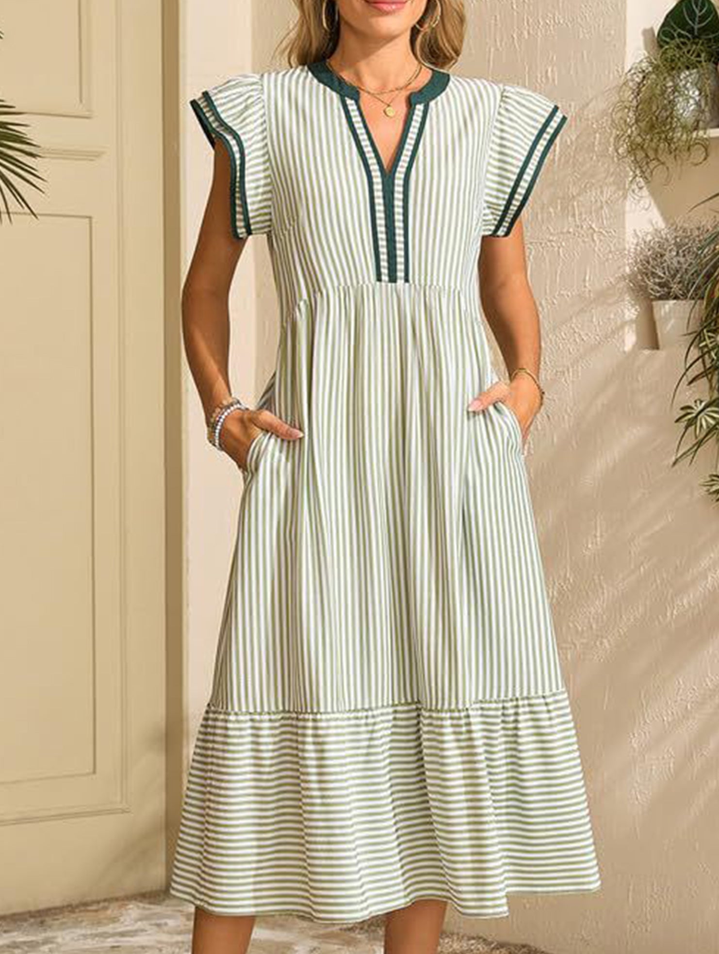 Anna-Berg | Colorblock Stripe Flutter Sleeve Dress