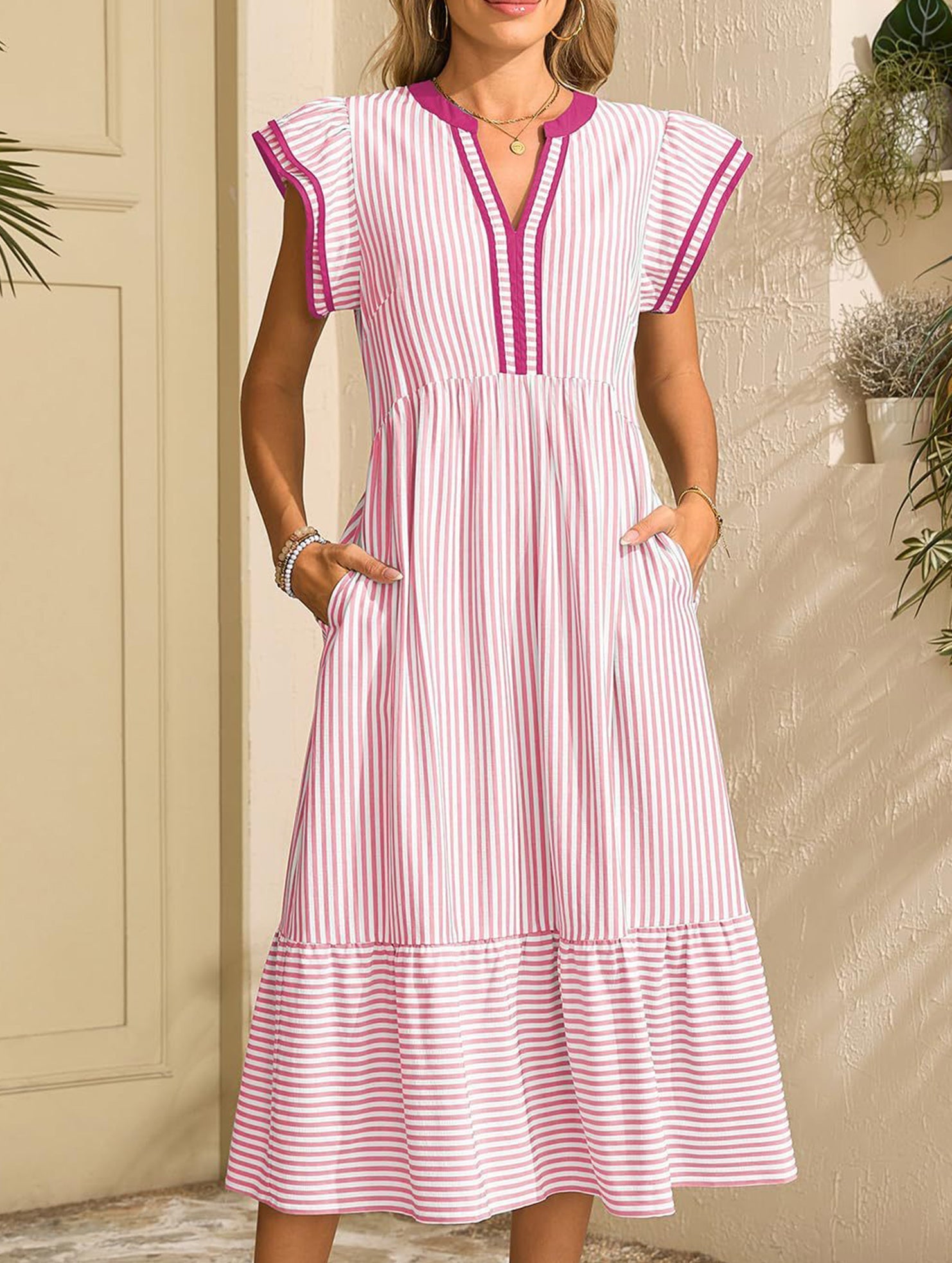 Anna-Berg | Colorblock Stripe Flutter Sleeve Dress