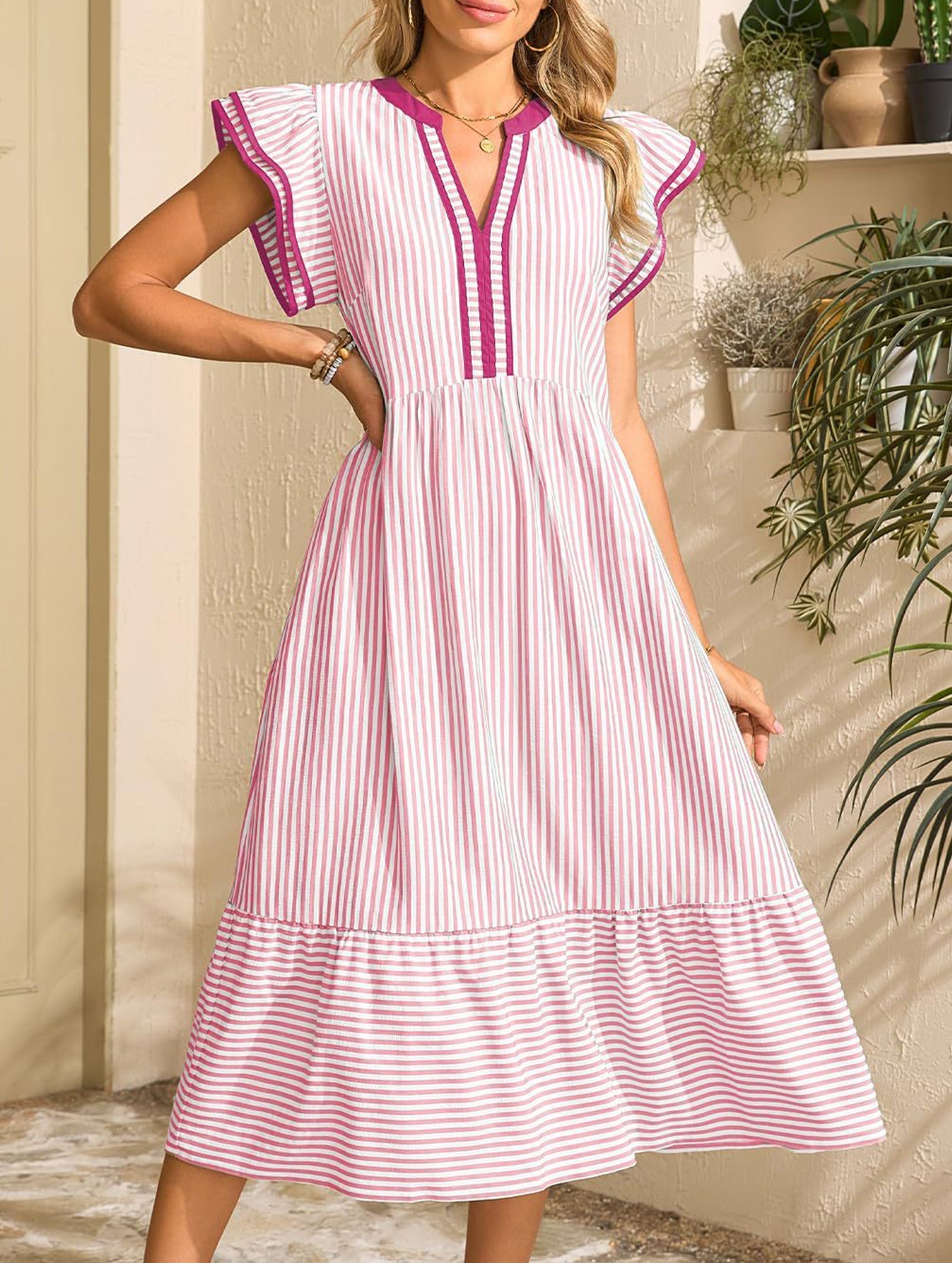 Anna-Berg | Colorblock Stripe Flutter Sleeve Dress