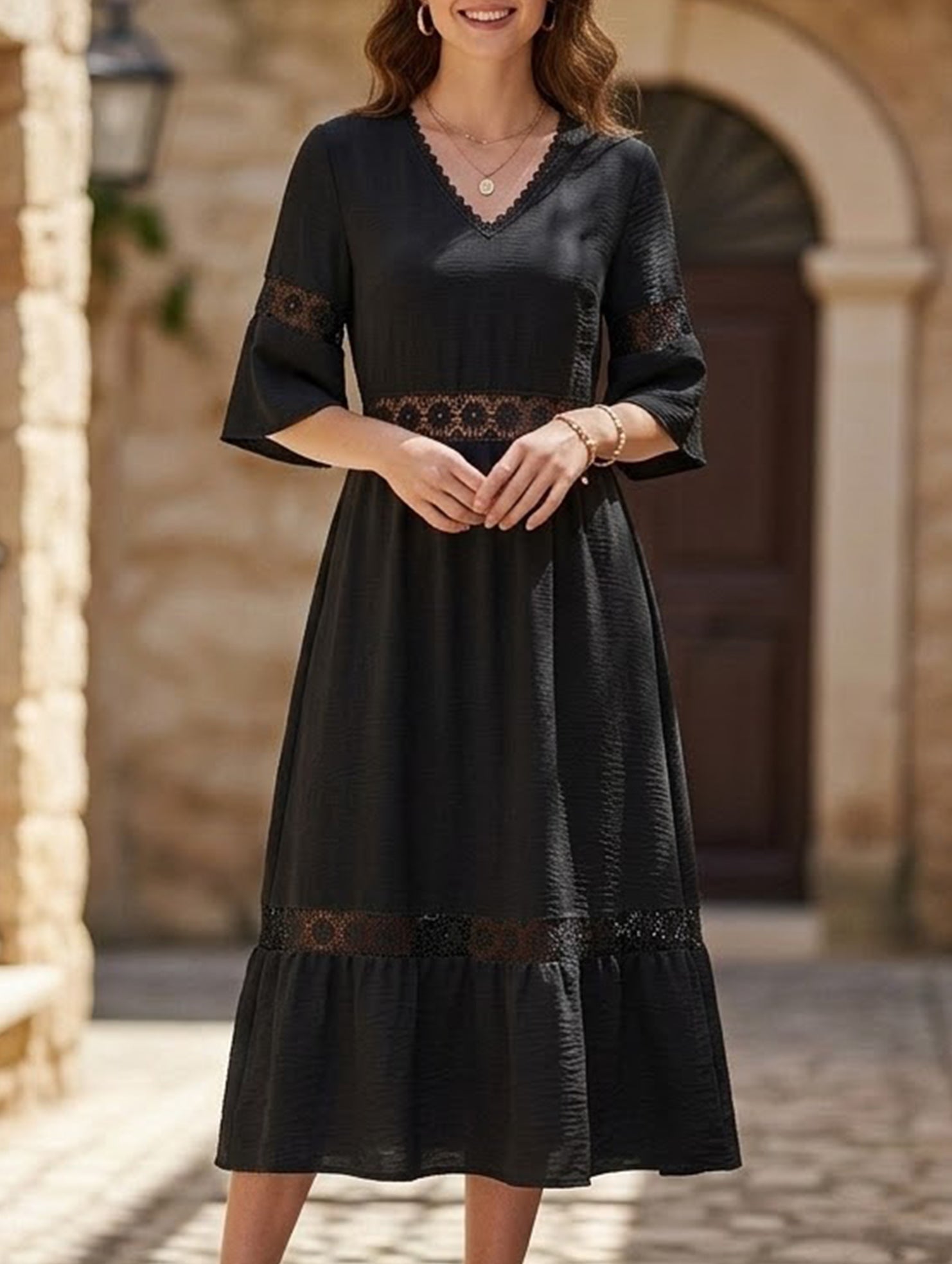 Anna-Berg | V Neck Hollow Short Sleeve Dress