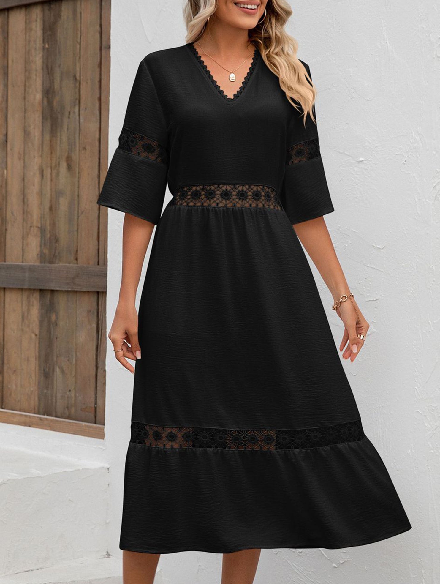 Anna-Berg | V Neck Hollow Short Sleeve Dress