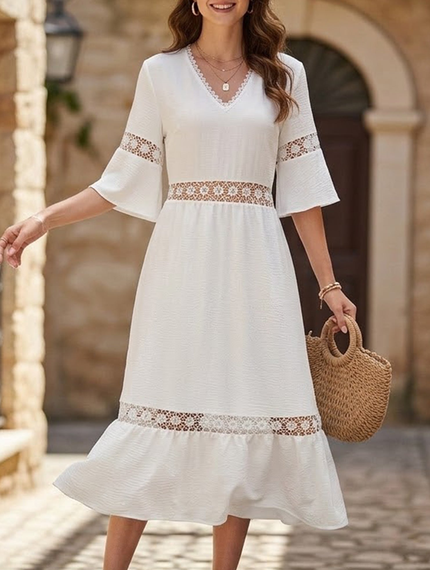 Anna-Berg | V Neck Hollow Short Sleeve Dress