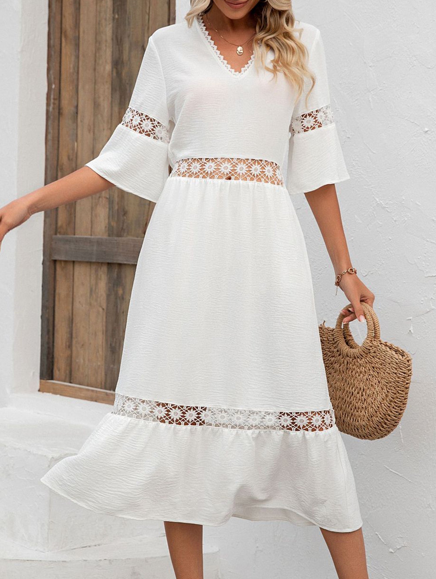 Anna-Berg | V Neck Hollow Short Sleeve Dress