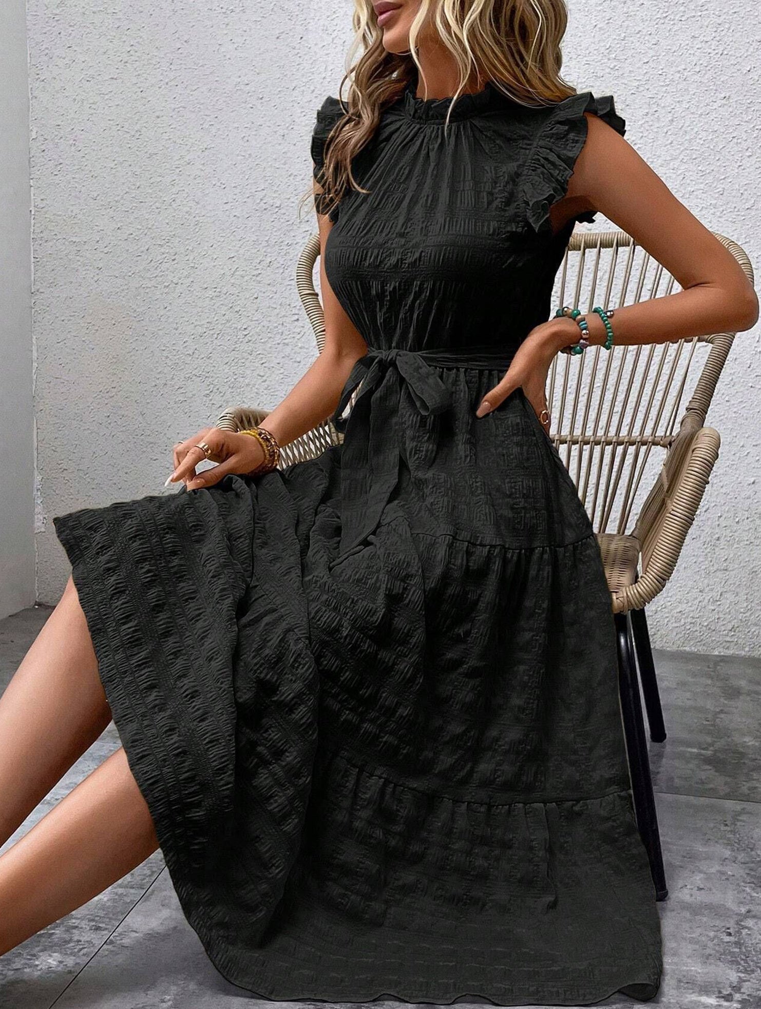 Anna-Berg | Ruffled Flutter Sleeve Tie Textured Dress