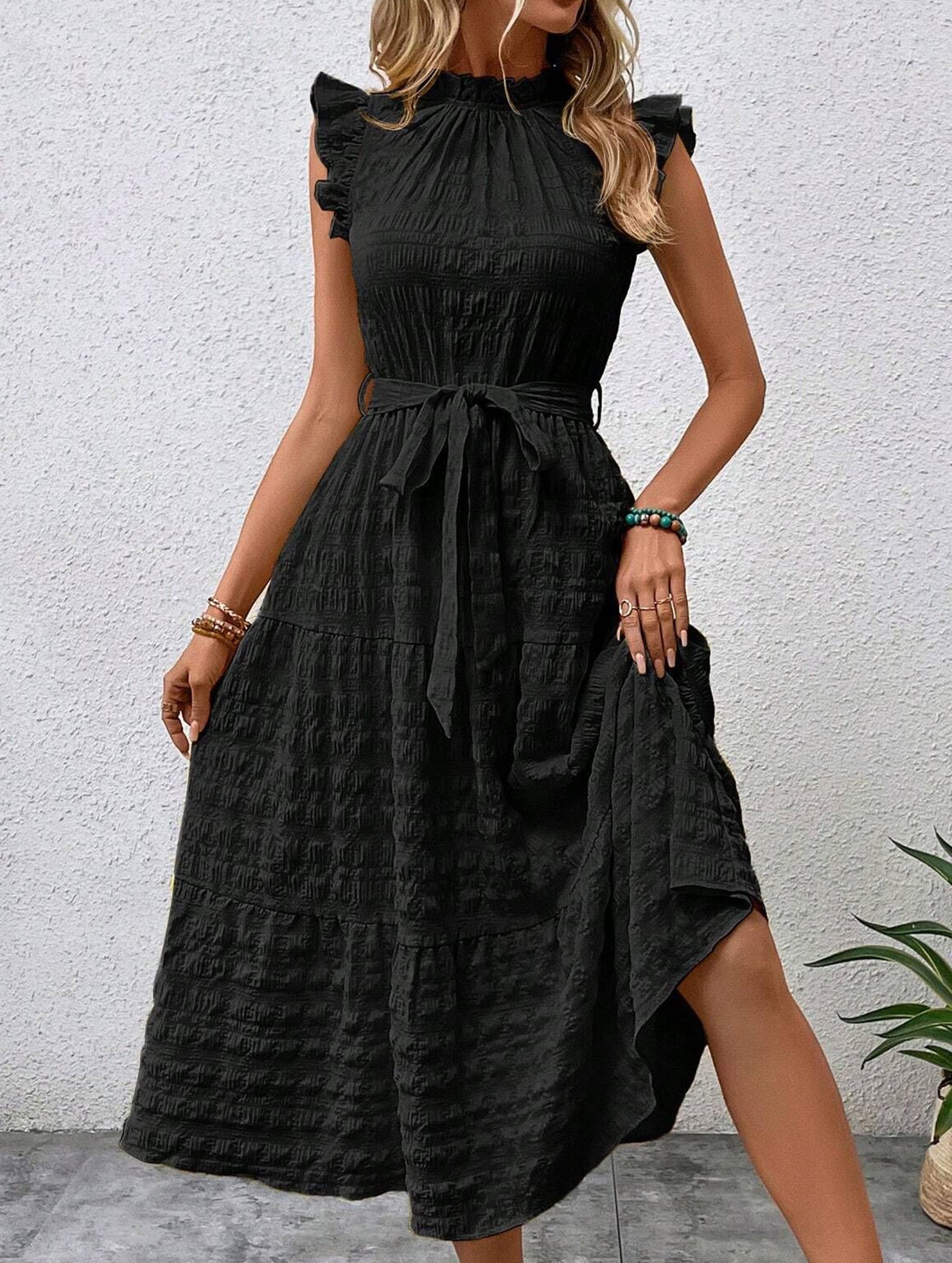 Anna-Berg | Ruffled Flutter Sleeve Tie Textured Dress