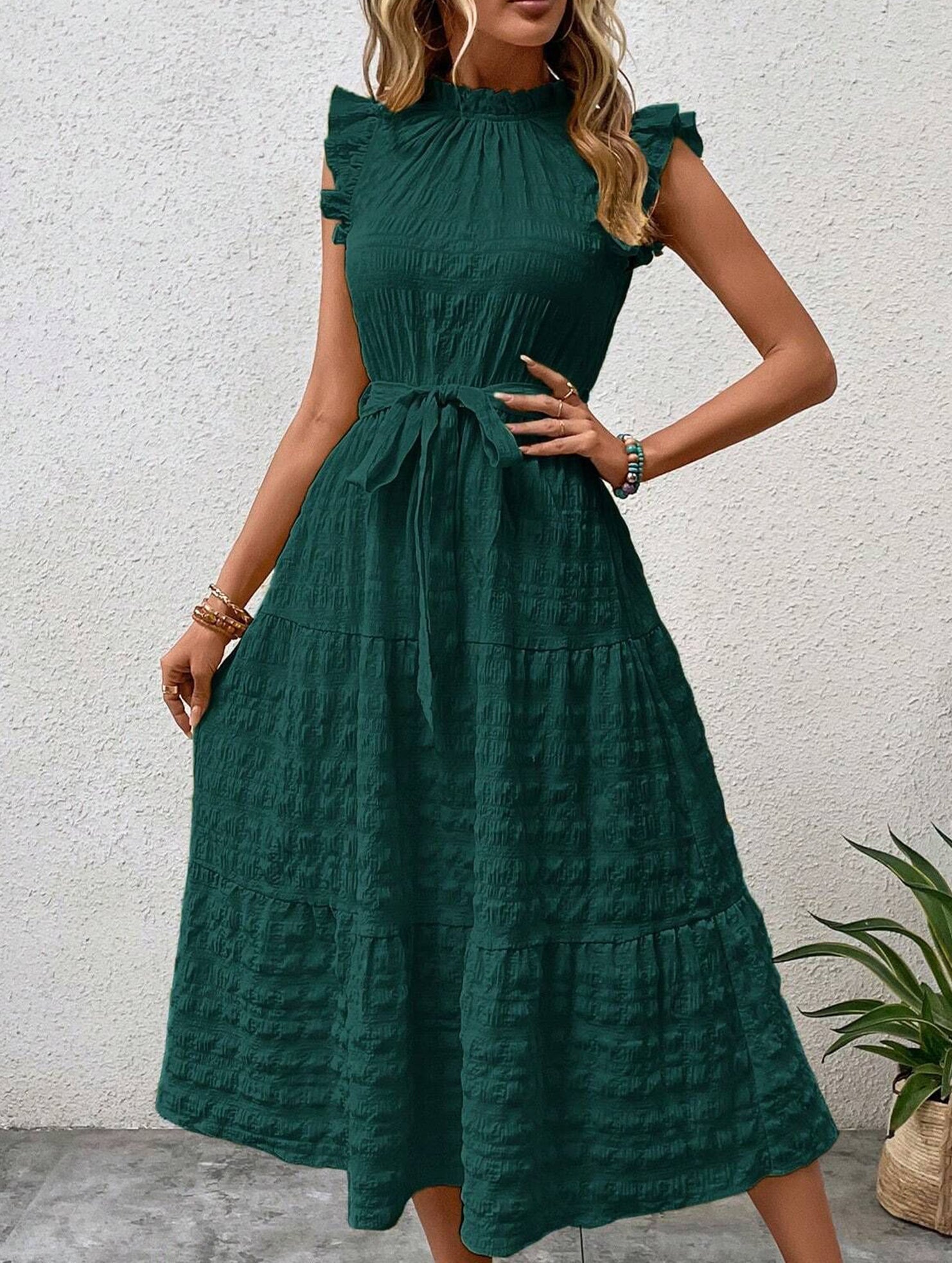 Anna-Berg | Ruffled Flutter Sleeve Tie Textured Dress