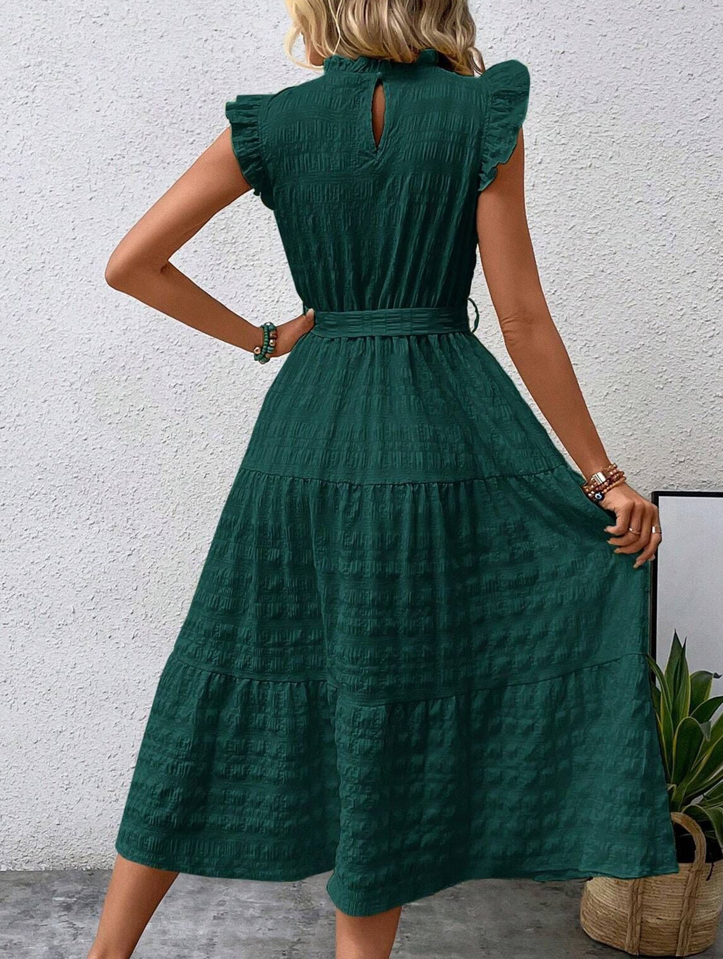 Anna-Berg | Ruffled Flutter Sleeve Tie Textured Dress