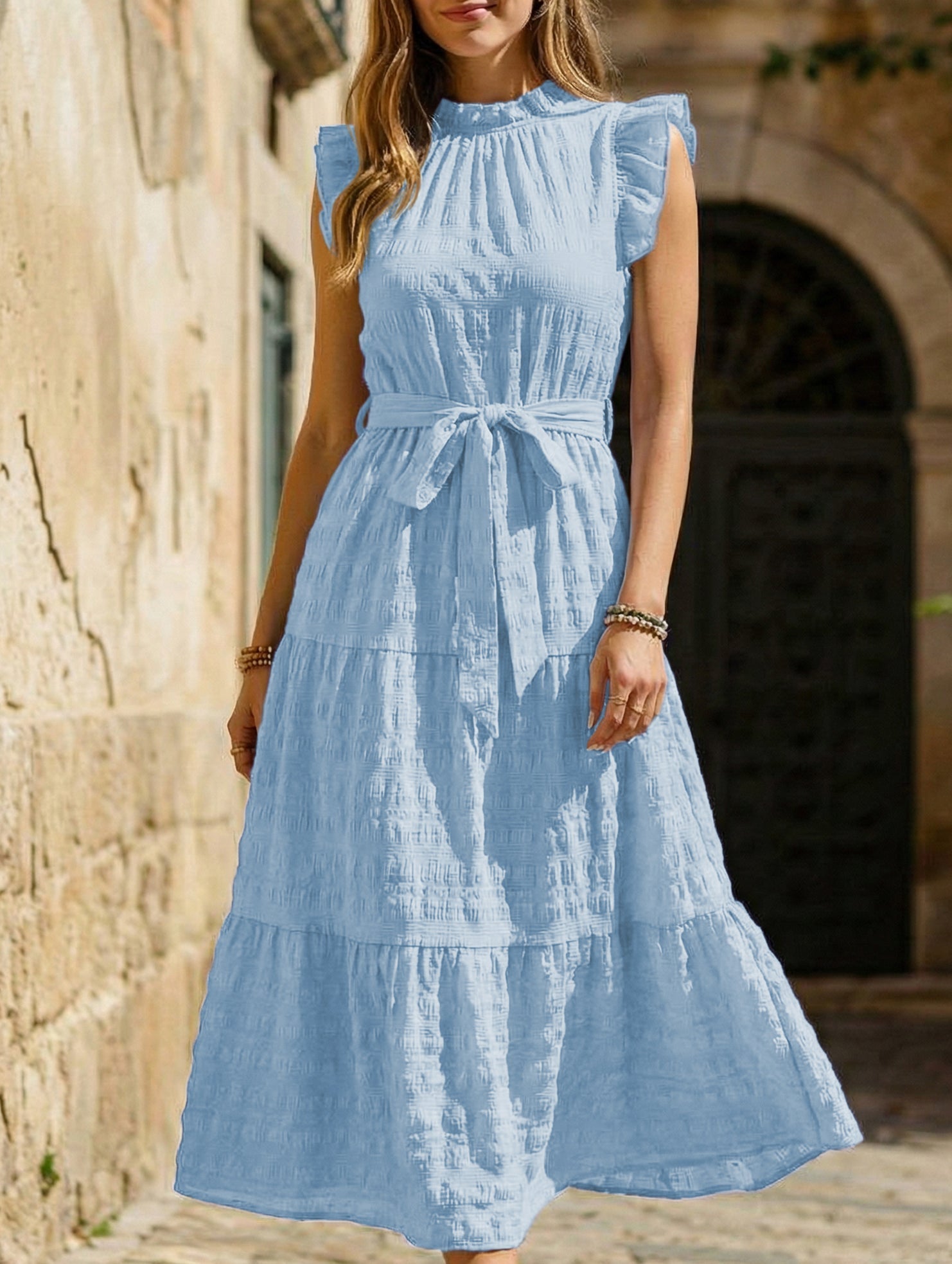 Anna-Berg | Ruffled Flutter Sleeve Tie Textured Dress