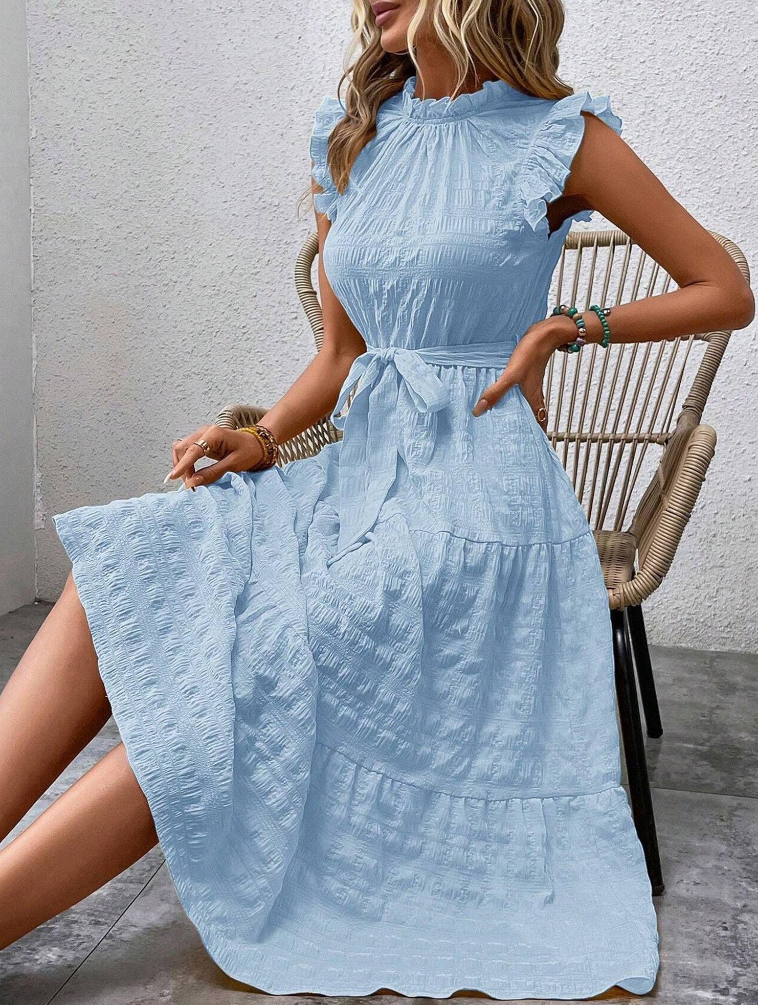 Anna-Berg | Ruffled Flutter Sleeve Tie Textured Dress
