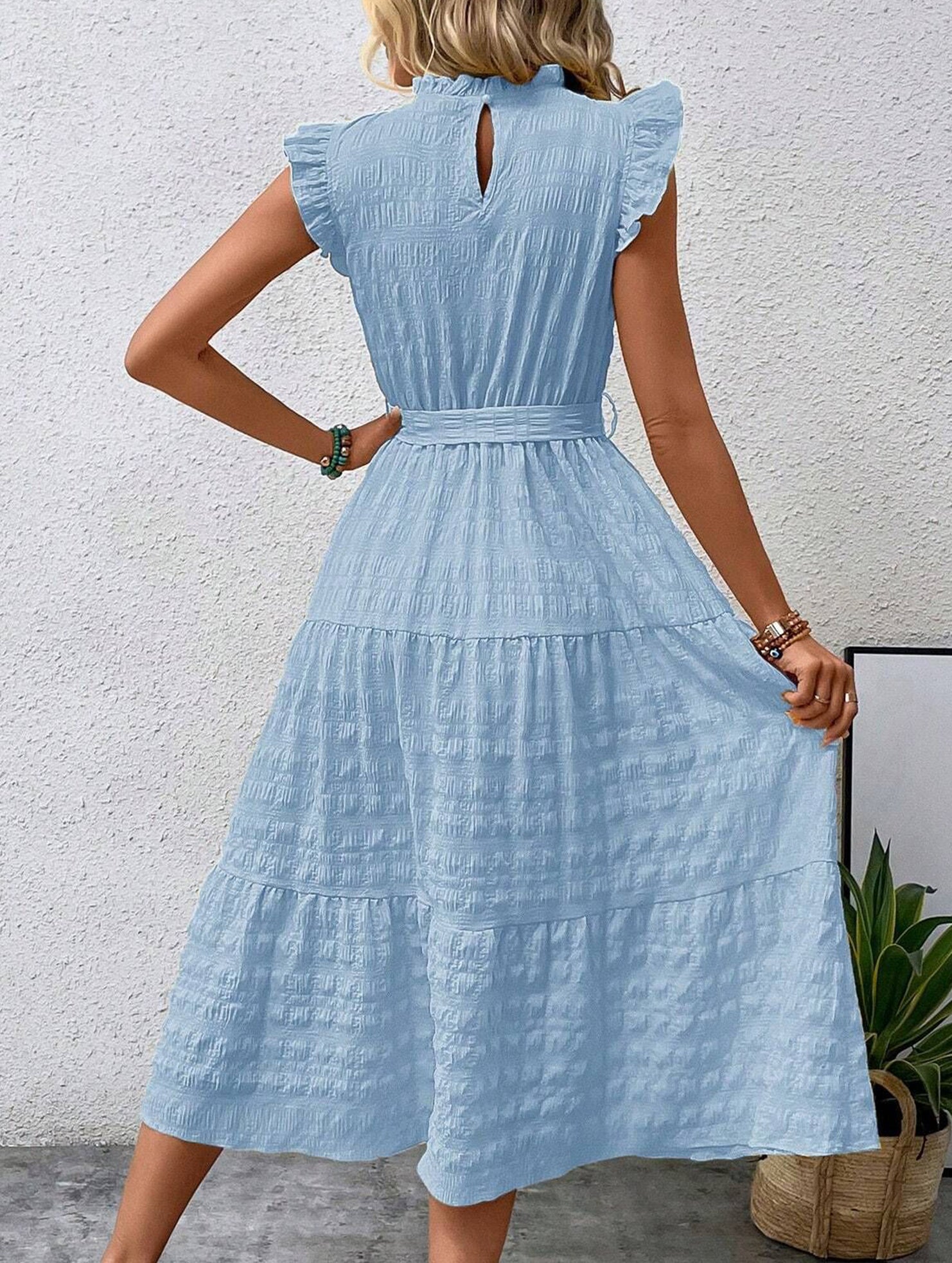 Anna-Berg | Ruffled Flutter Sleeve Tie Textured Dress