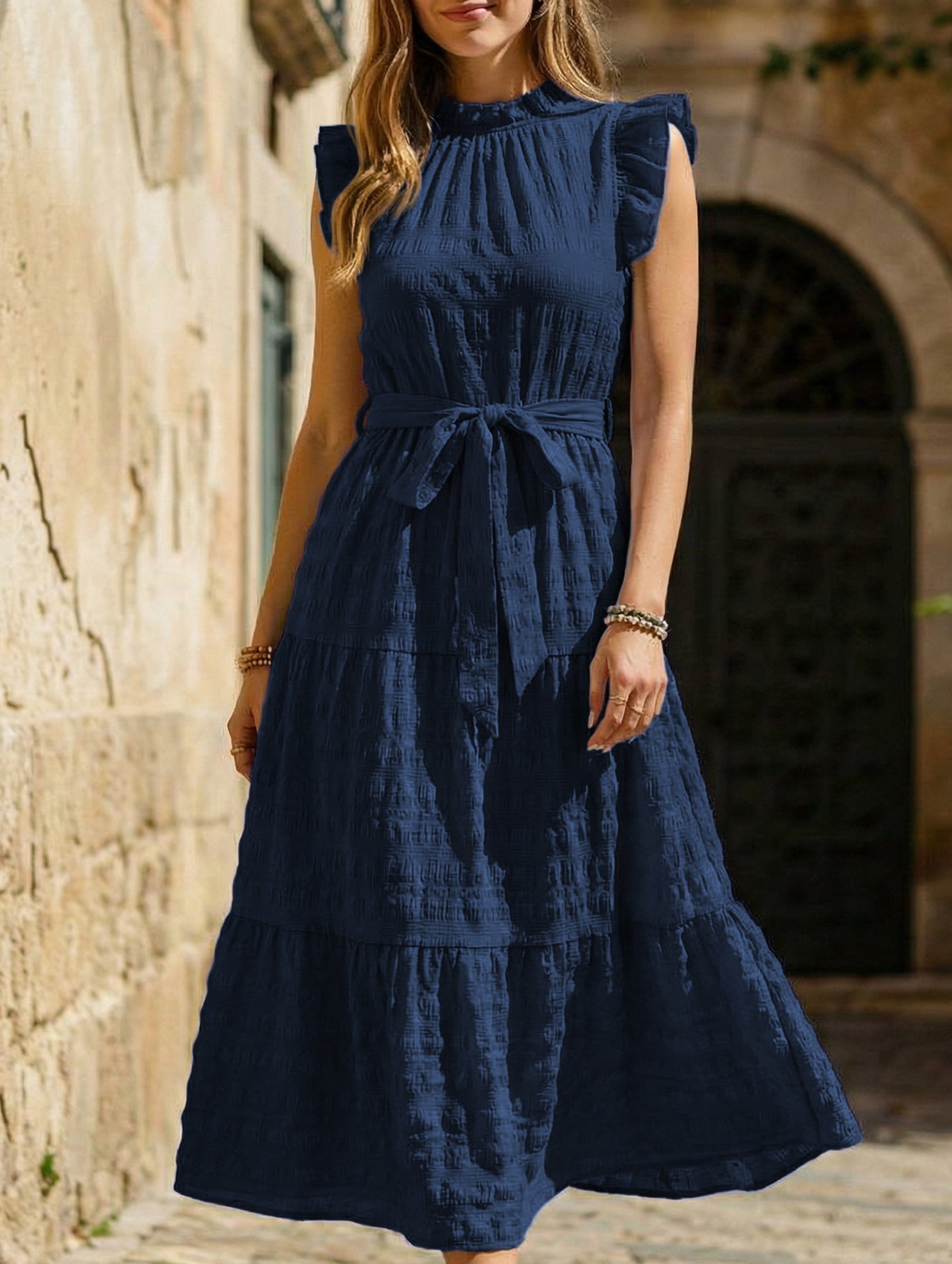 Anna-Berg | Ruffled Flutter Sleeve Tie Textured Dress