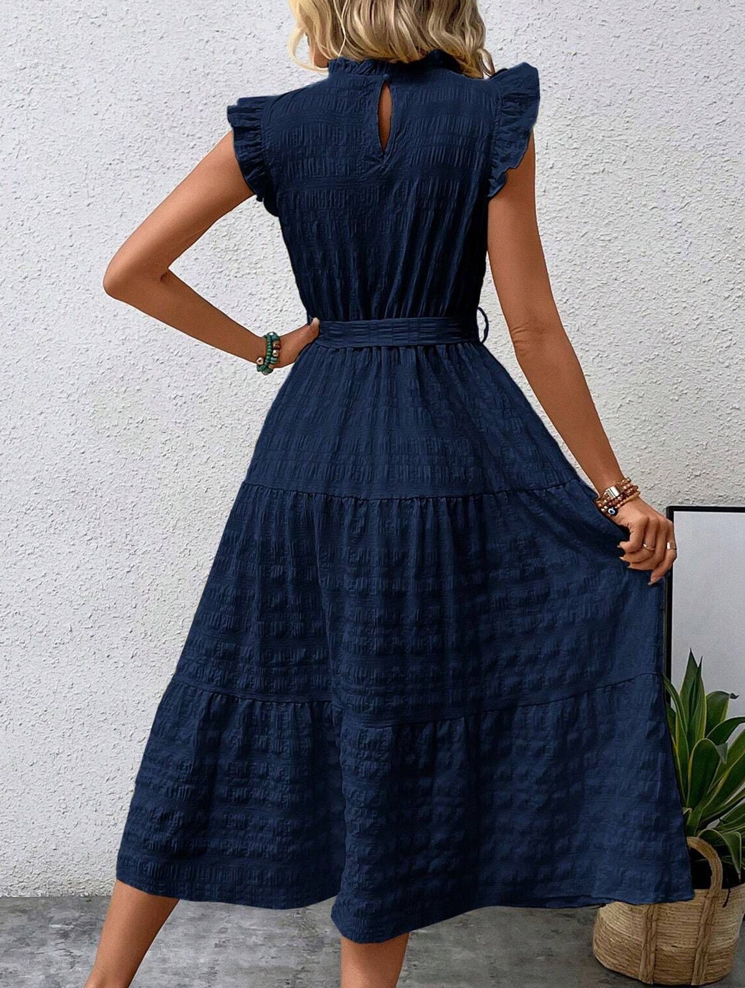 Anna-Berg | Ruffled Flutter Sleeve Tie Textured Dress