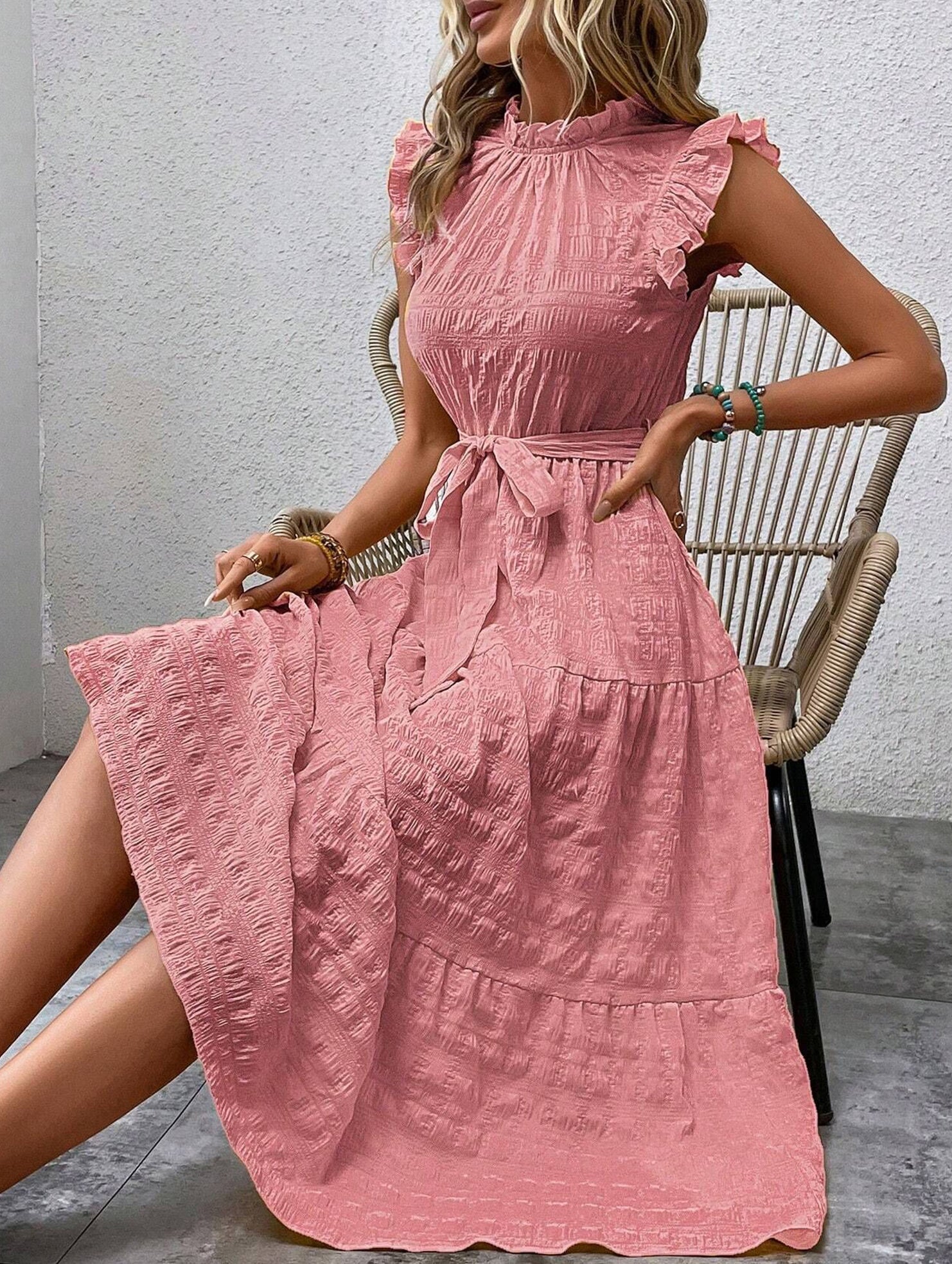 Anna-Berg | Ruffled Flutter Sleeve Tie Textured Dress