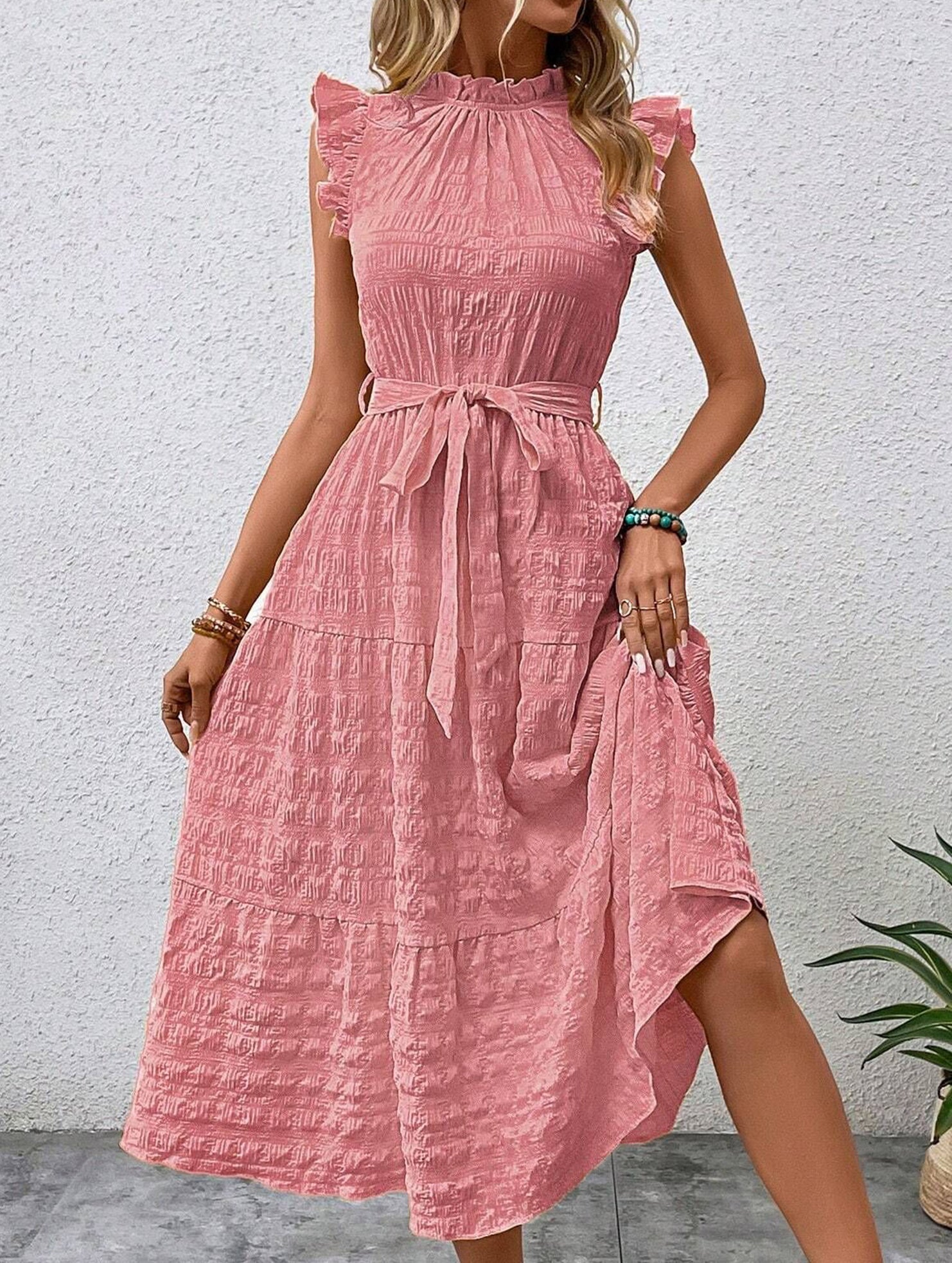 Anna-Berg | Ruffled Flutter Sleeve Tie Textured Dress