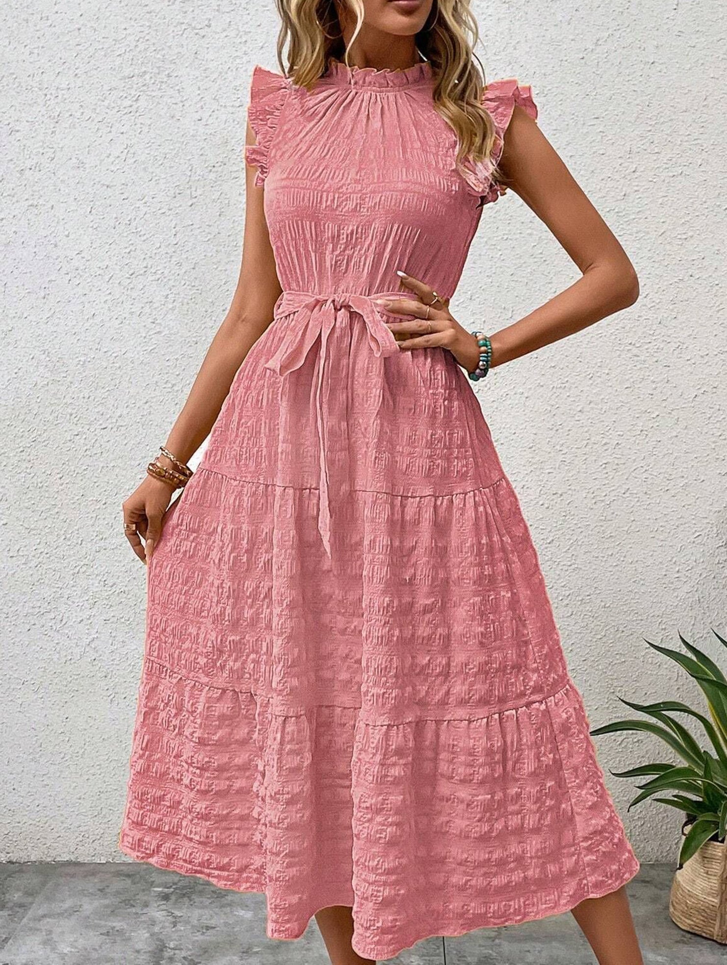 Anna-Berg | Ruffled Flutter Sleeve Tie Textured Dress