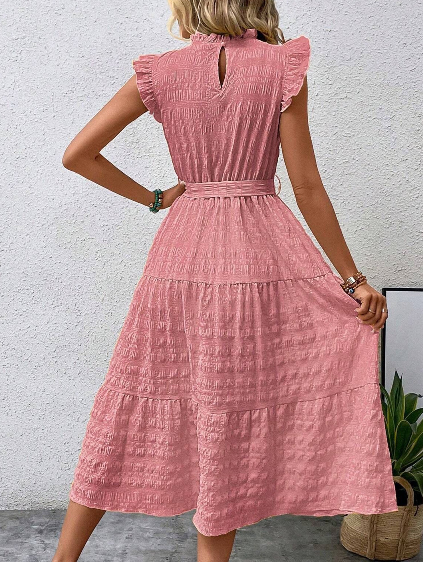 Anna-Berg | Ruffled Flutter Sleeve Tie Textured Dress