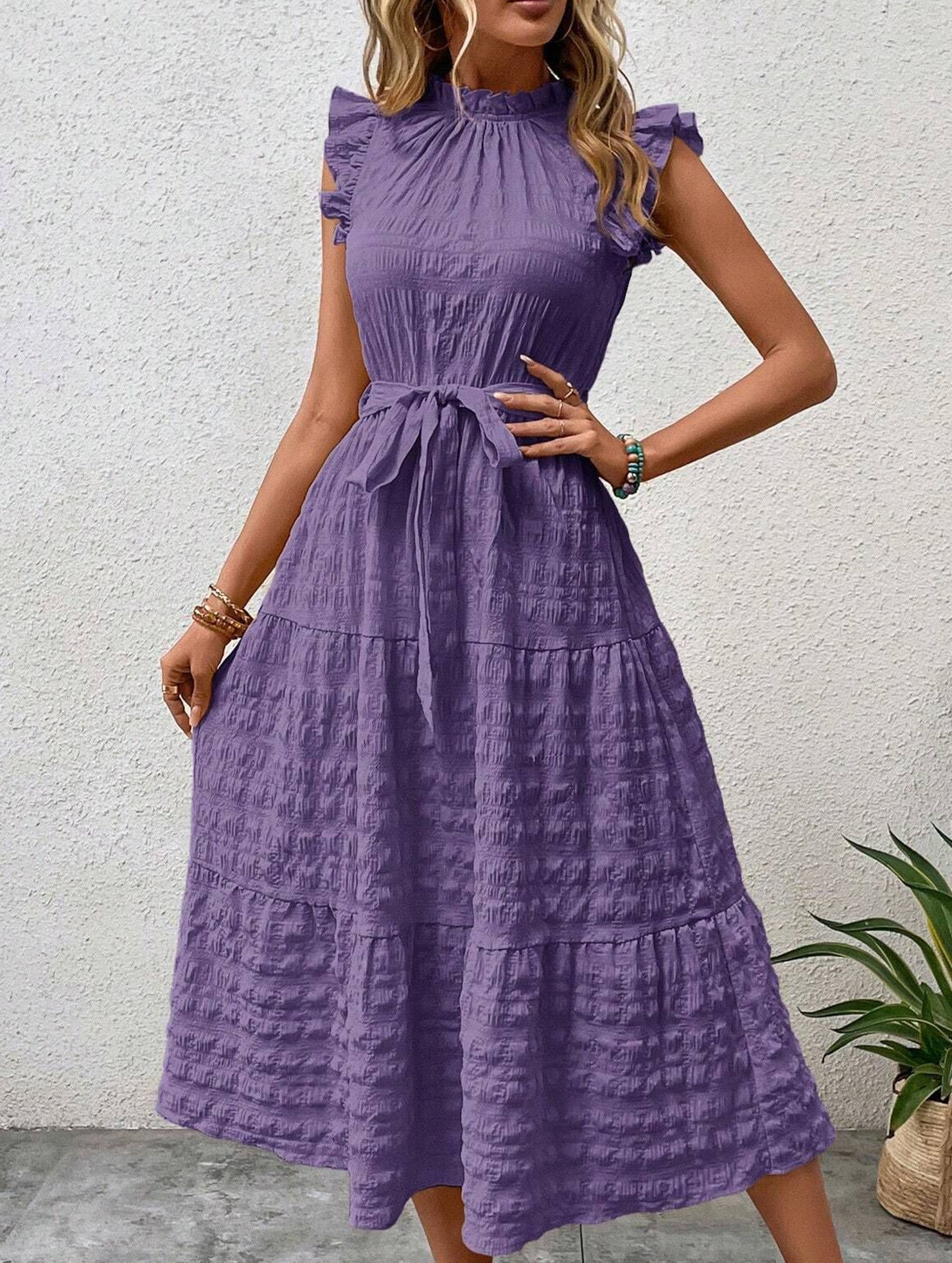 Anna-Berg | Ruffled Flutter Sleeve Tie Textured Dress