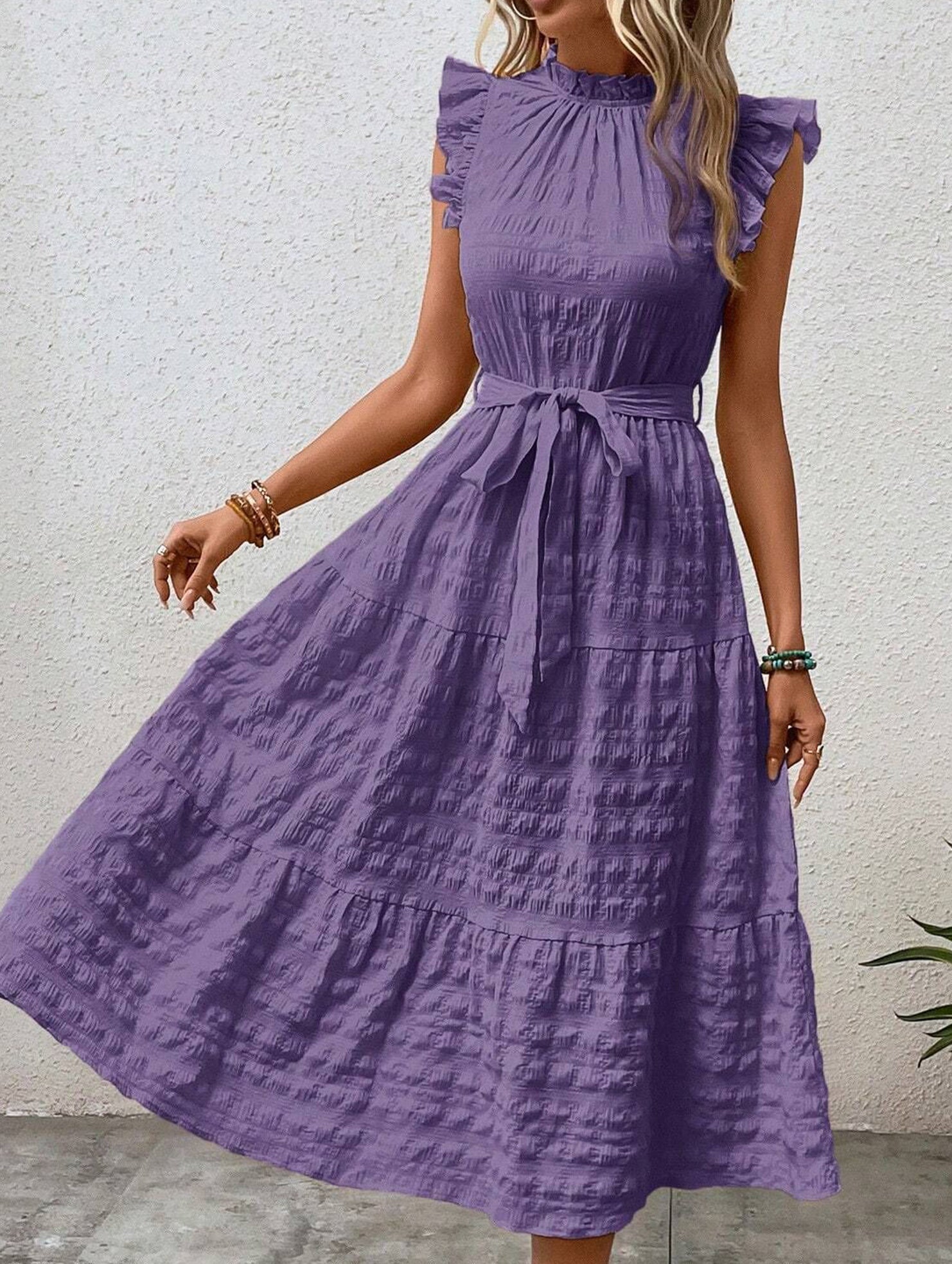 Anna-Berg | Ruffled Flutter Sleeve Tie Textured Dress