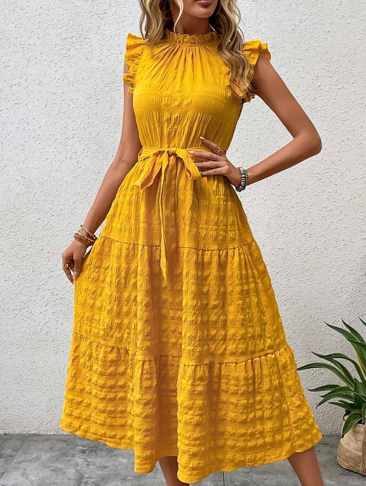 Anna-Berg | Ruffled Flutter Sleeve Tie Textured Dress