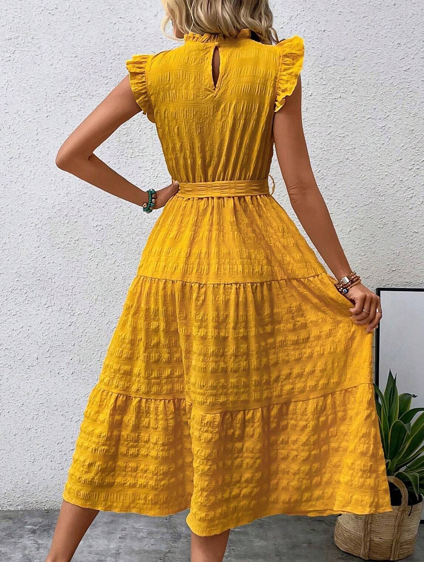 Anna-Berg | Ruffled Flutter Sleeve Tie Textured Dress