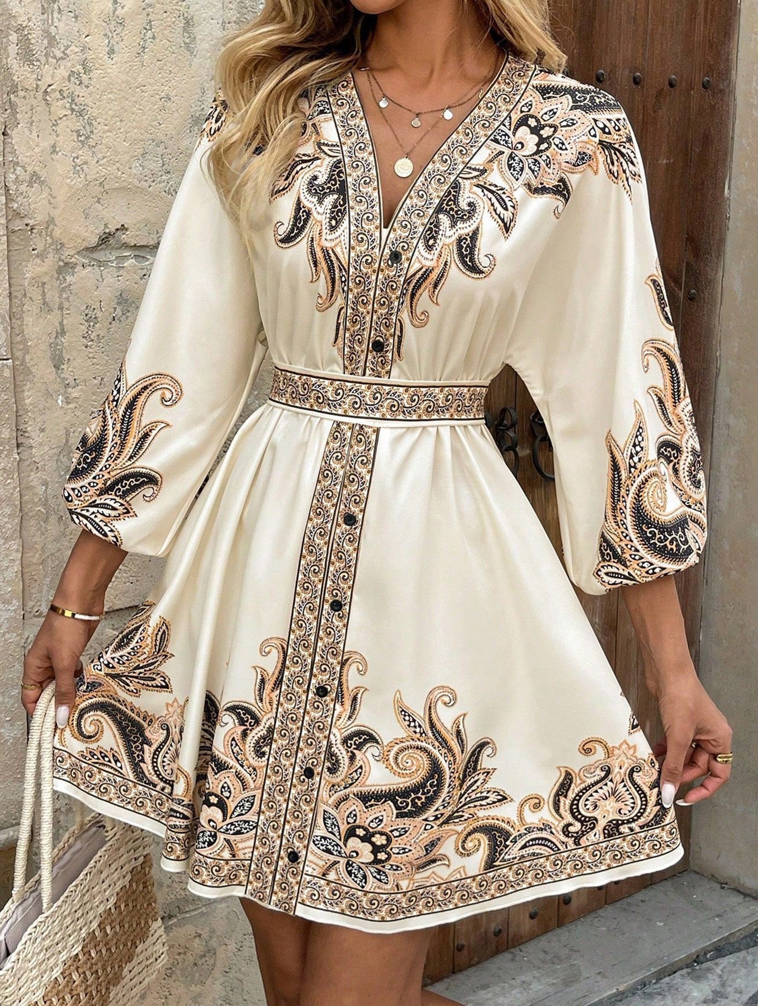 Anna-Berg | Printed V-Neck Three-Quarter Sleeve Tie-Waist Dress
