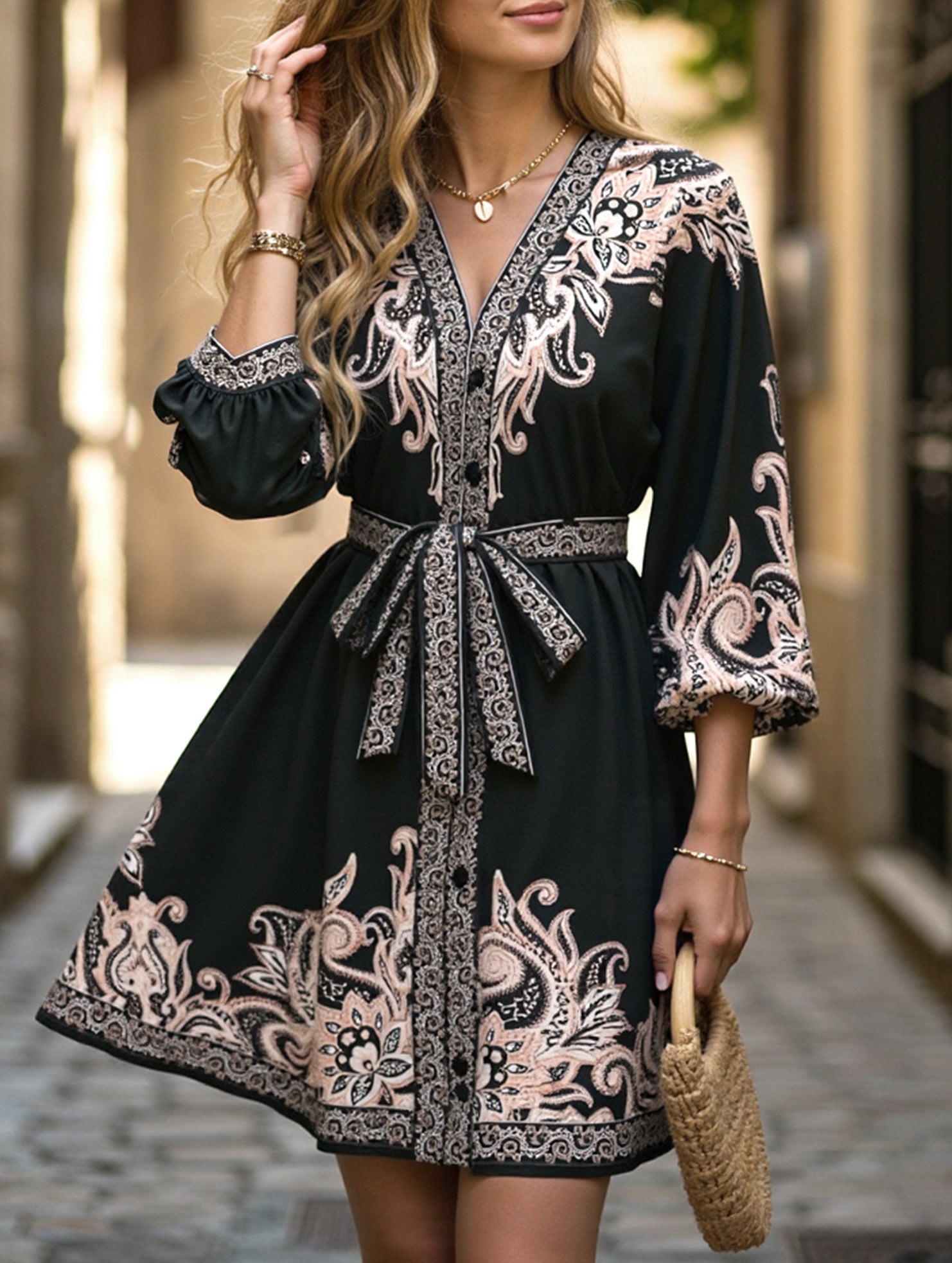 Anna-Berg | Printed V-Neck Three-Quarter Sleeve Tie-Waist Dress