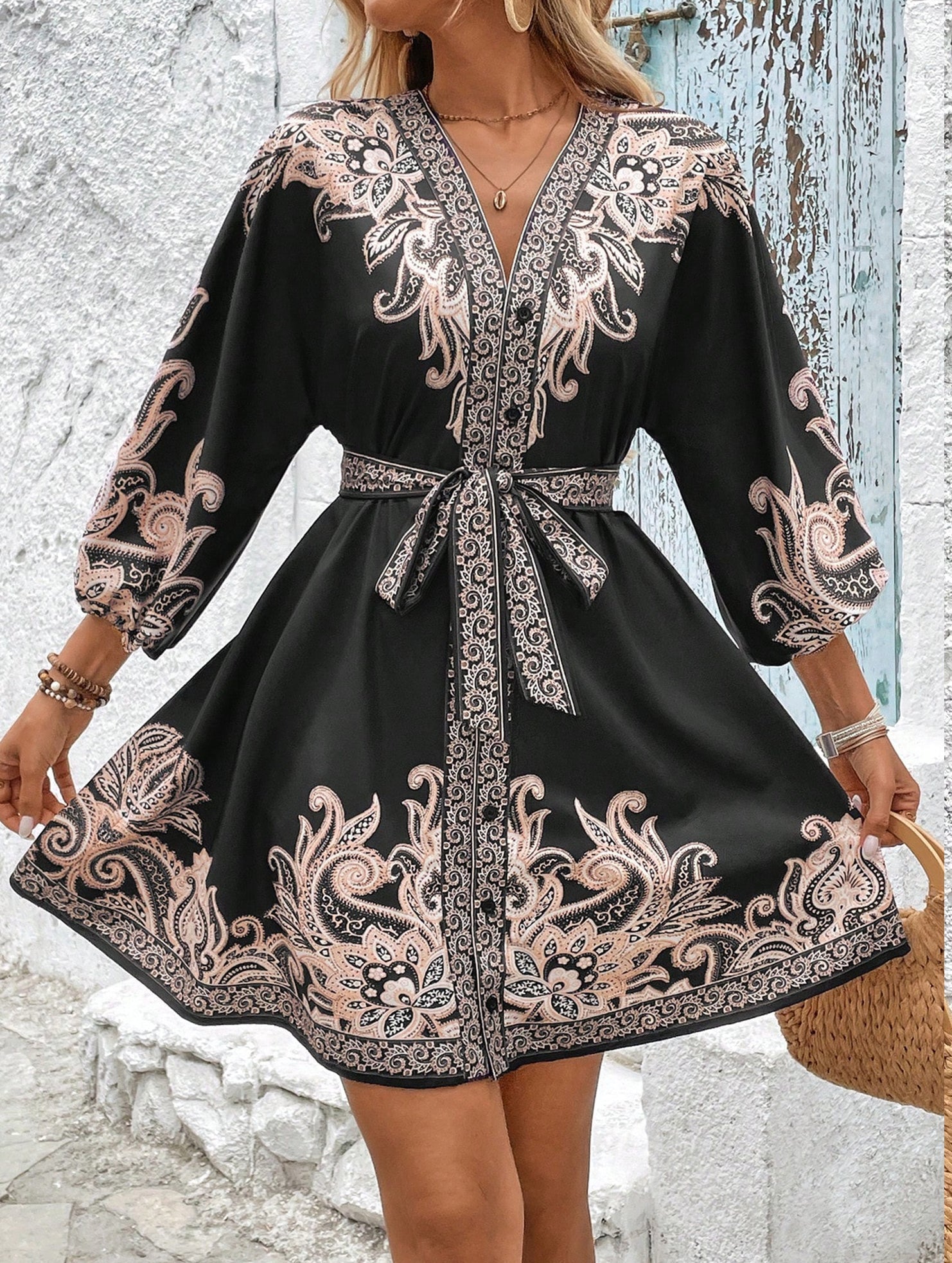 Anna-Berg | Printed V-Neck Three-Quarter Sleeve Tie-Waist Dress