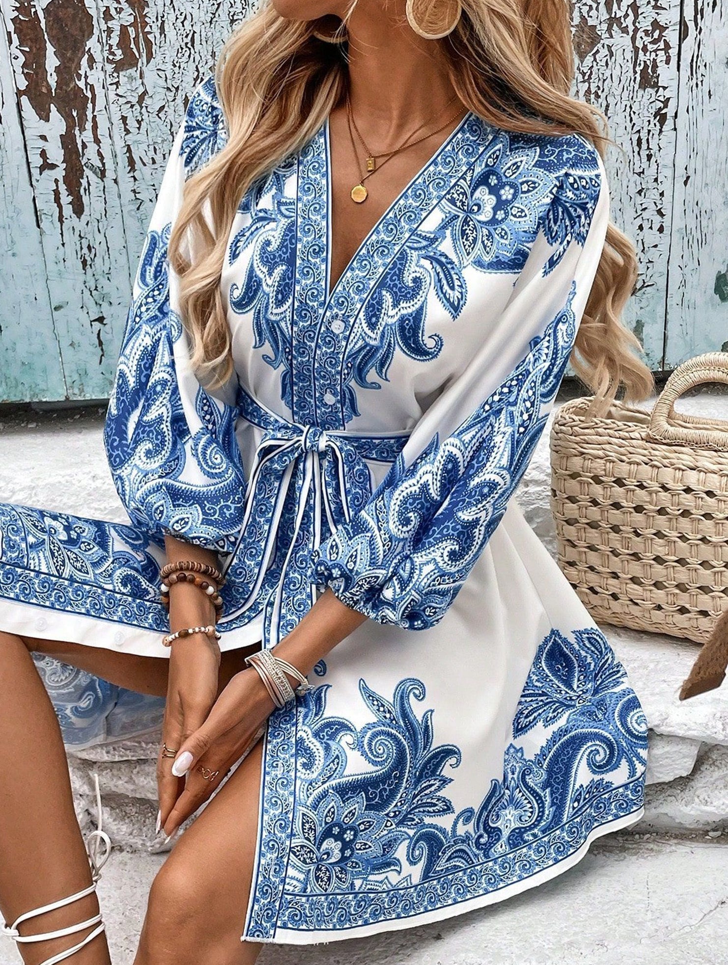 Anna-Berg | Printed V-Neck Three-Quarter Sleeve Tie-Waist Dress
