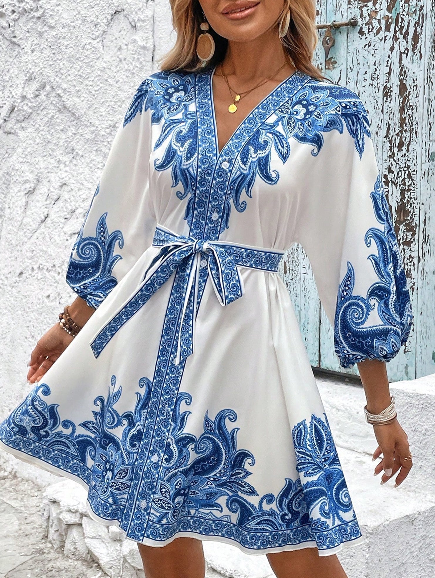 Anna-Berg | Printed V-Neck Three-Quarter Sleeve Tie-Waist Dress