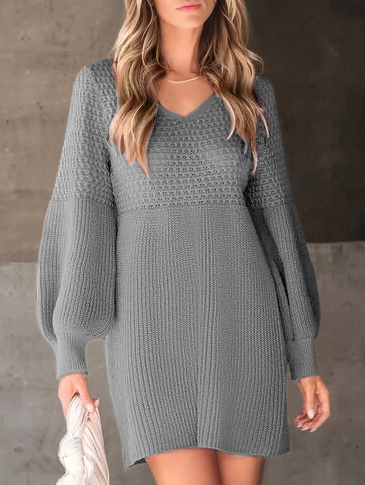Anna-Berg | V-Neck Puff Sleeve Solid Color Dress