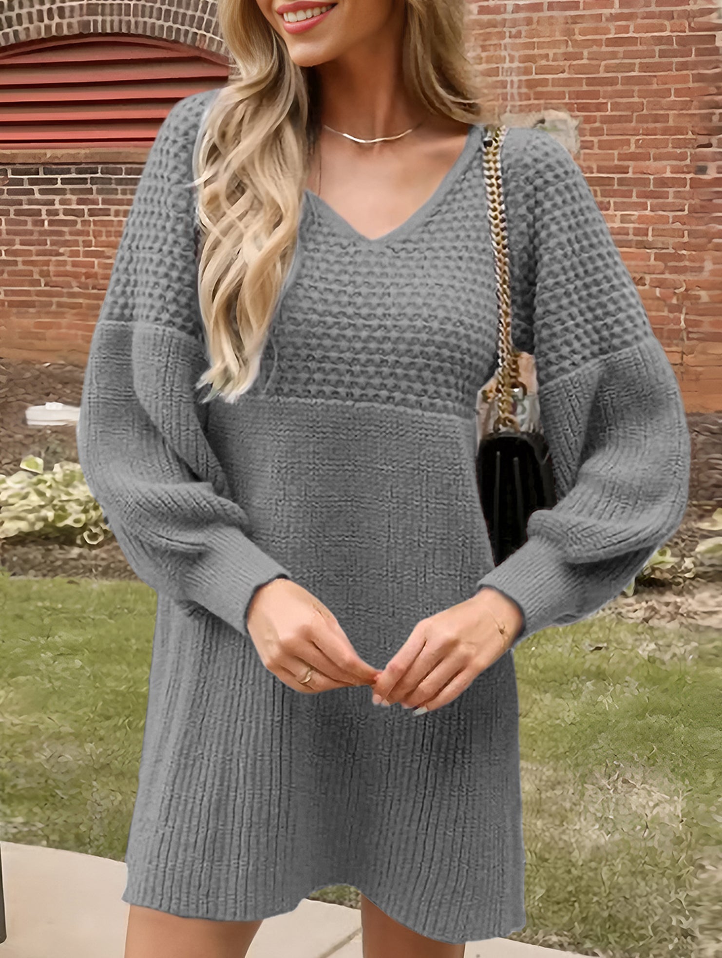 Anna-Berg | V-Neck Puff Sleeve Solid Color Dress