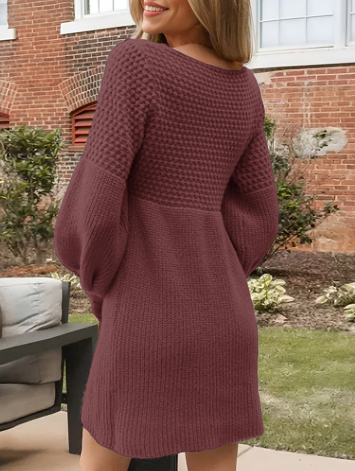 Anna-Berg | V-Neck Puff Sleeve Solid Color Dress