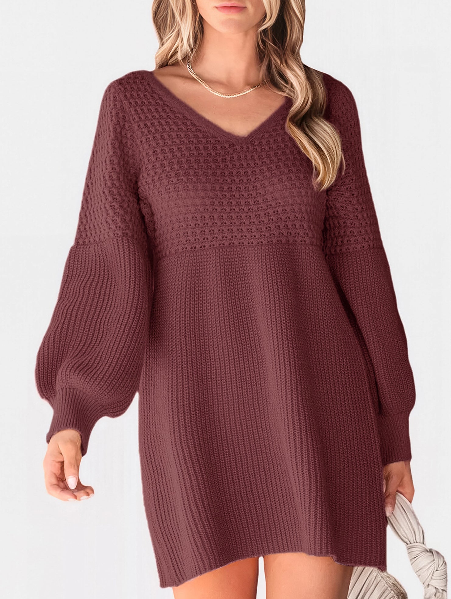 Anna-Berg | V-Neck Puff Sleeve Solid Color Dress