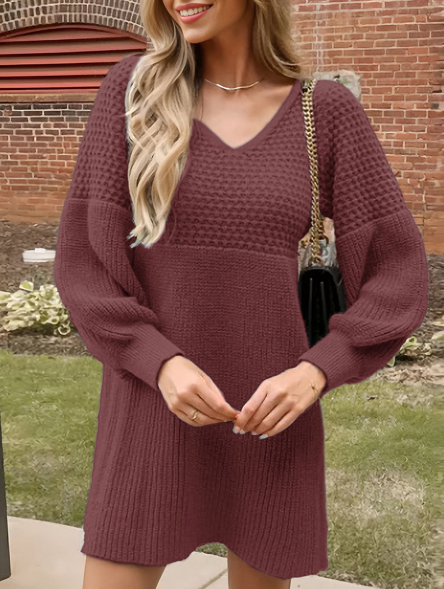 Anna-Berg | V-Neck Puff Sleeve Solid Color Dress