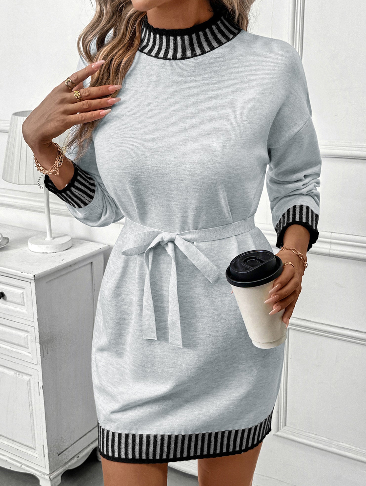 Anna-Berg | Casual Striped Half-High Collar Contrast Dress