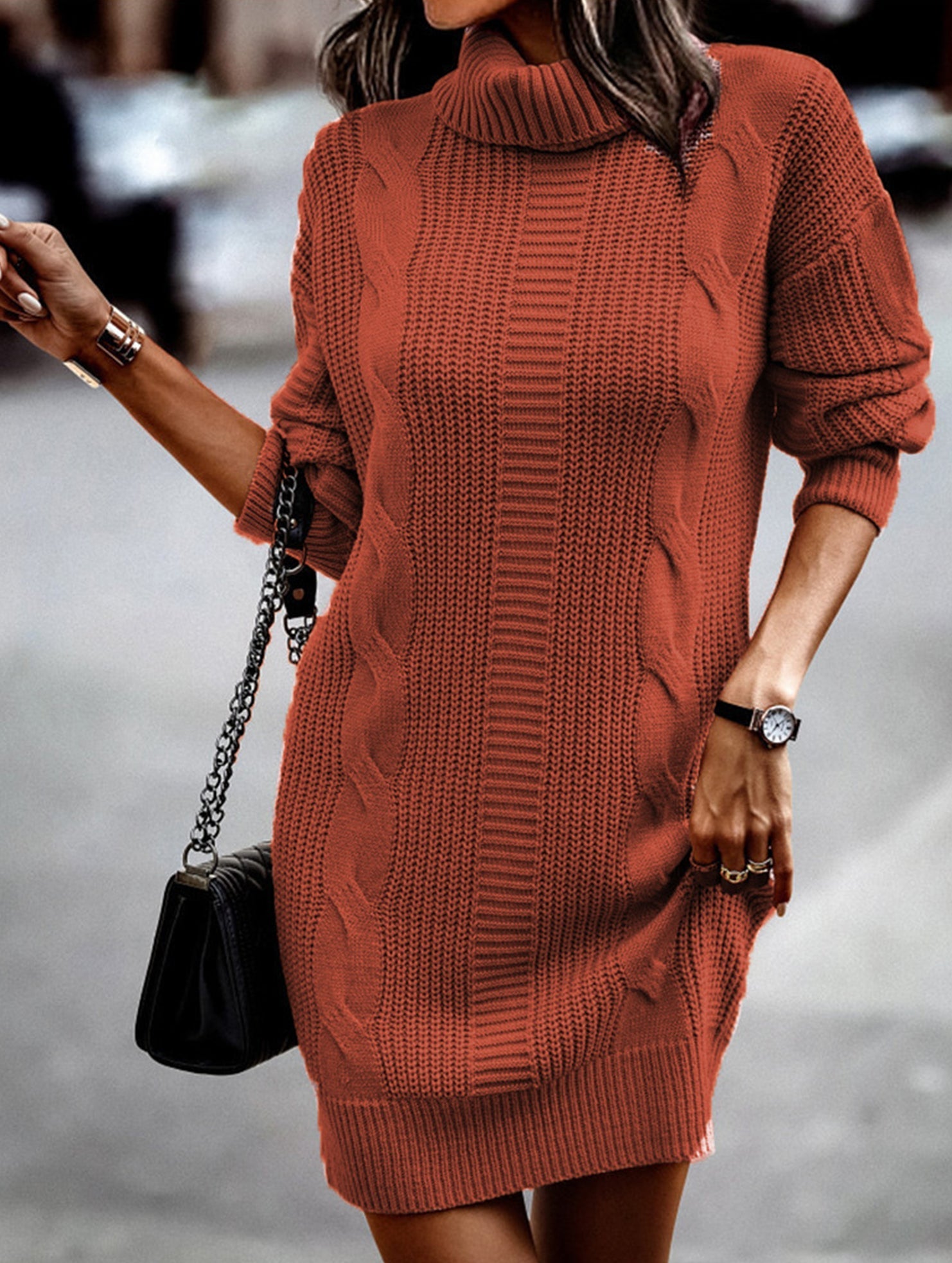 Anna-Berg | High-Neck Long-Sleeved Bodycon Sweater Dress