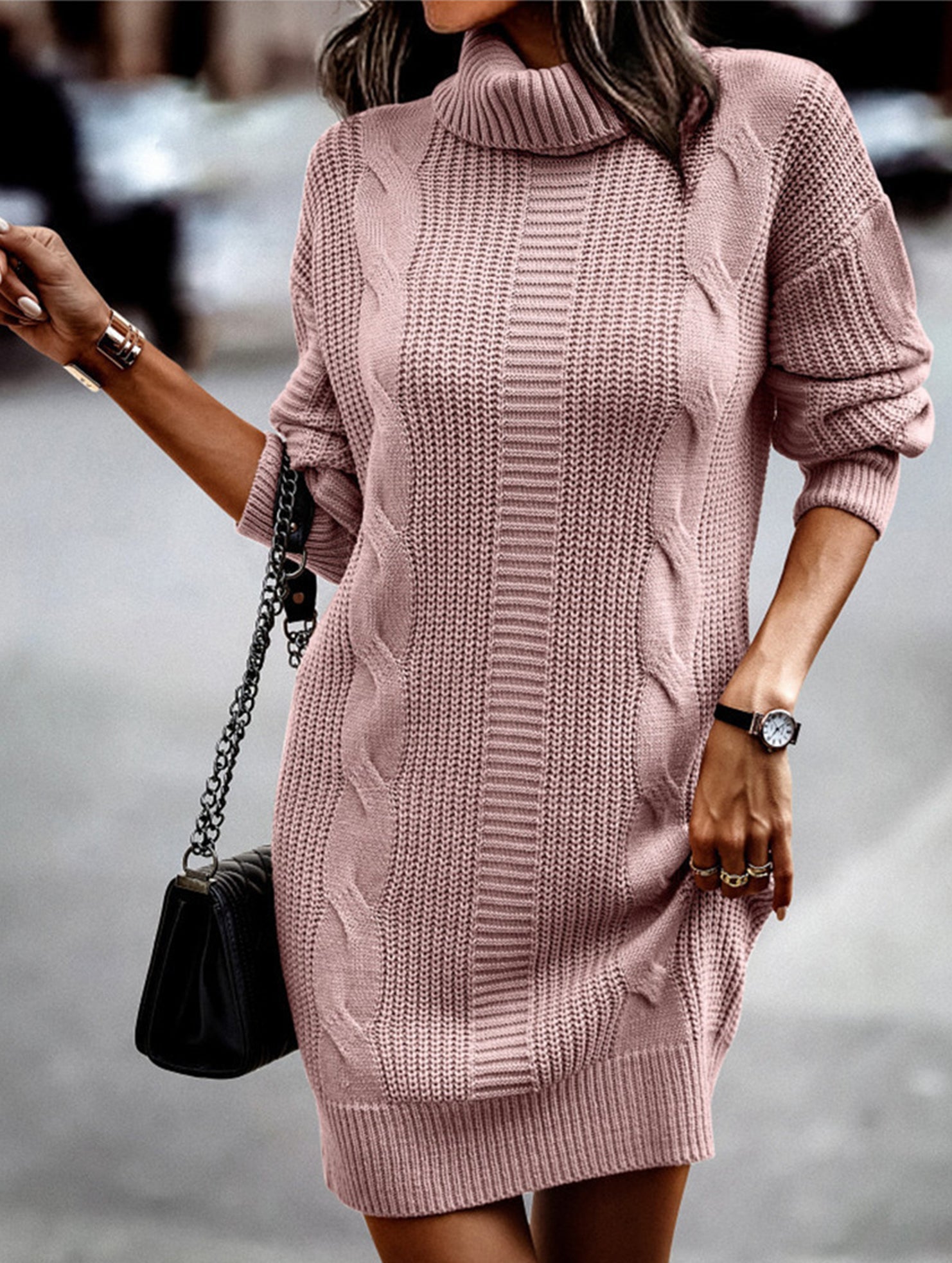 Anna-Berg | High-Neck Long-Sleeved Bodycon Sweater Dress