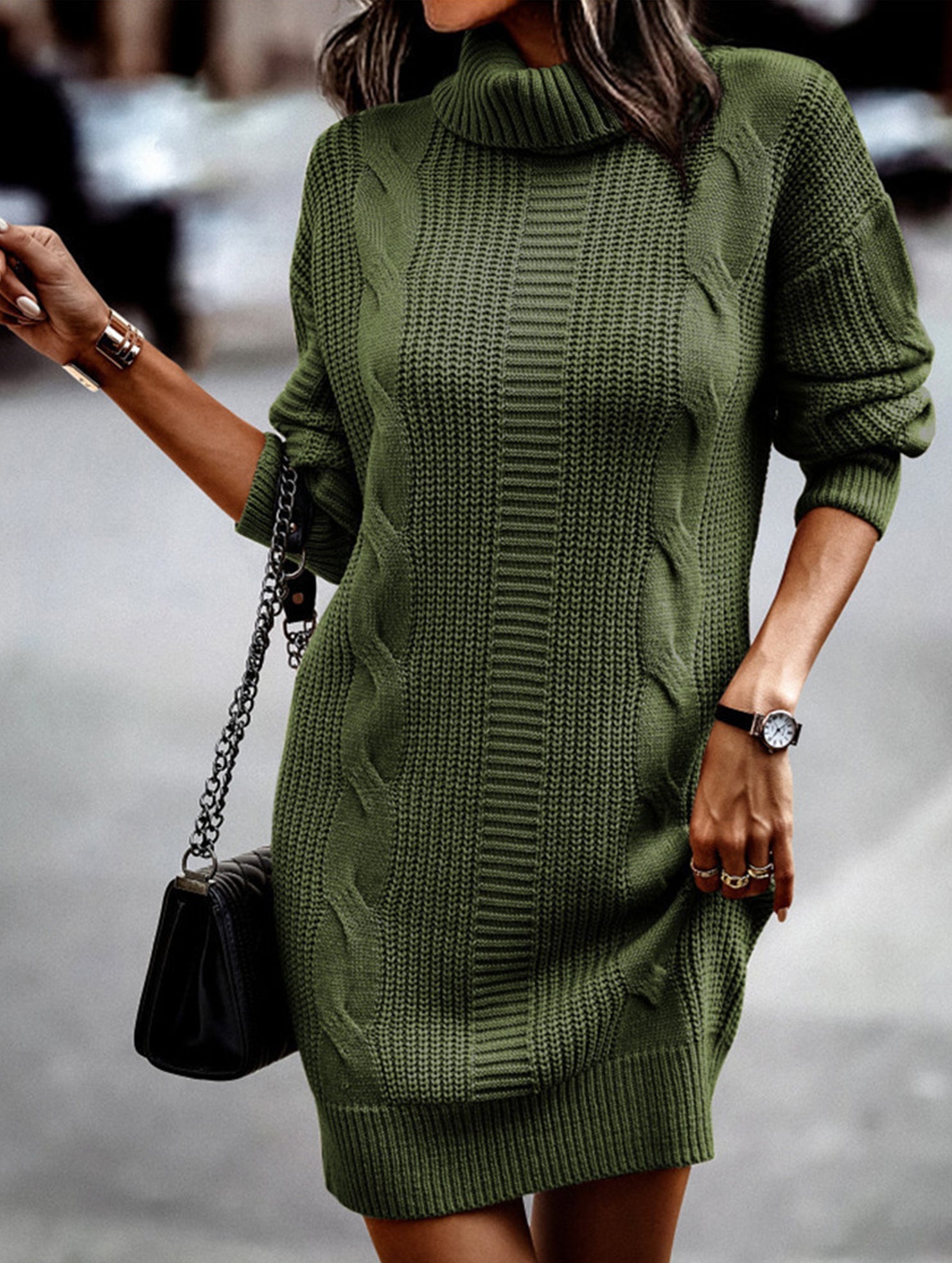 Anna-Berg | High-Neck Long-Sleeved Bodycon Sweater Dress