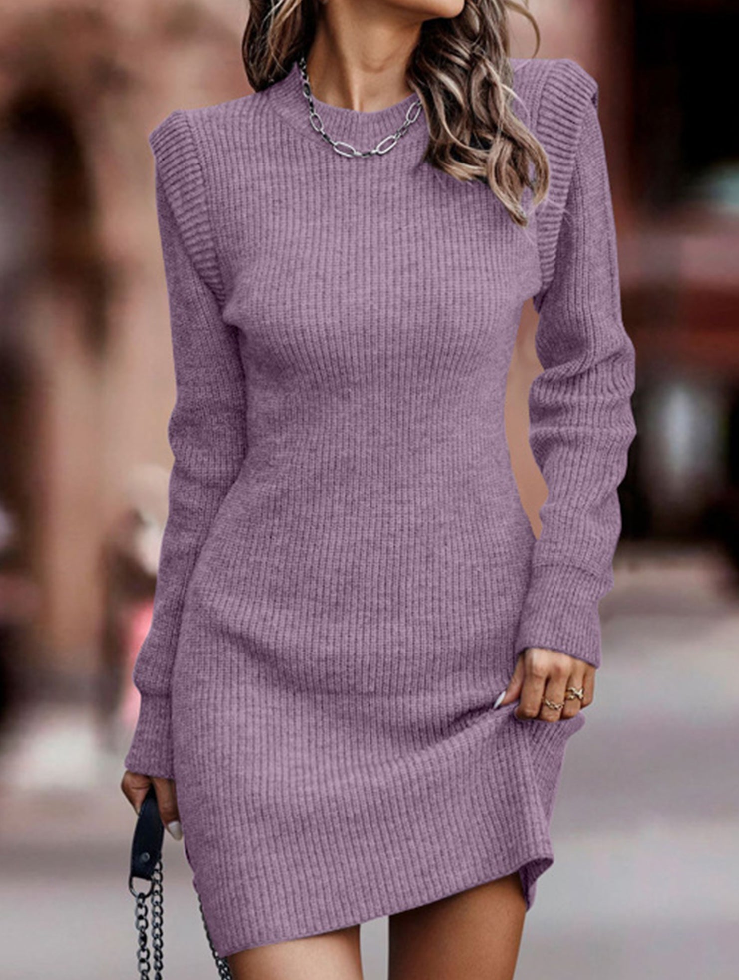 Anna-Berg | Round Neck Long-Sleeved Bodycon Sweater Dress
