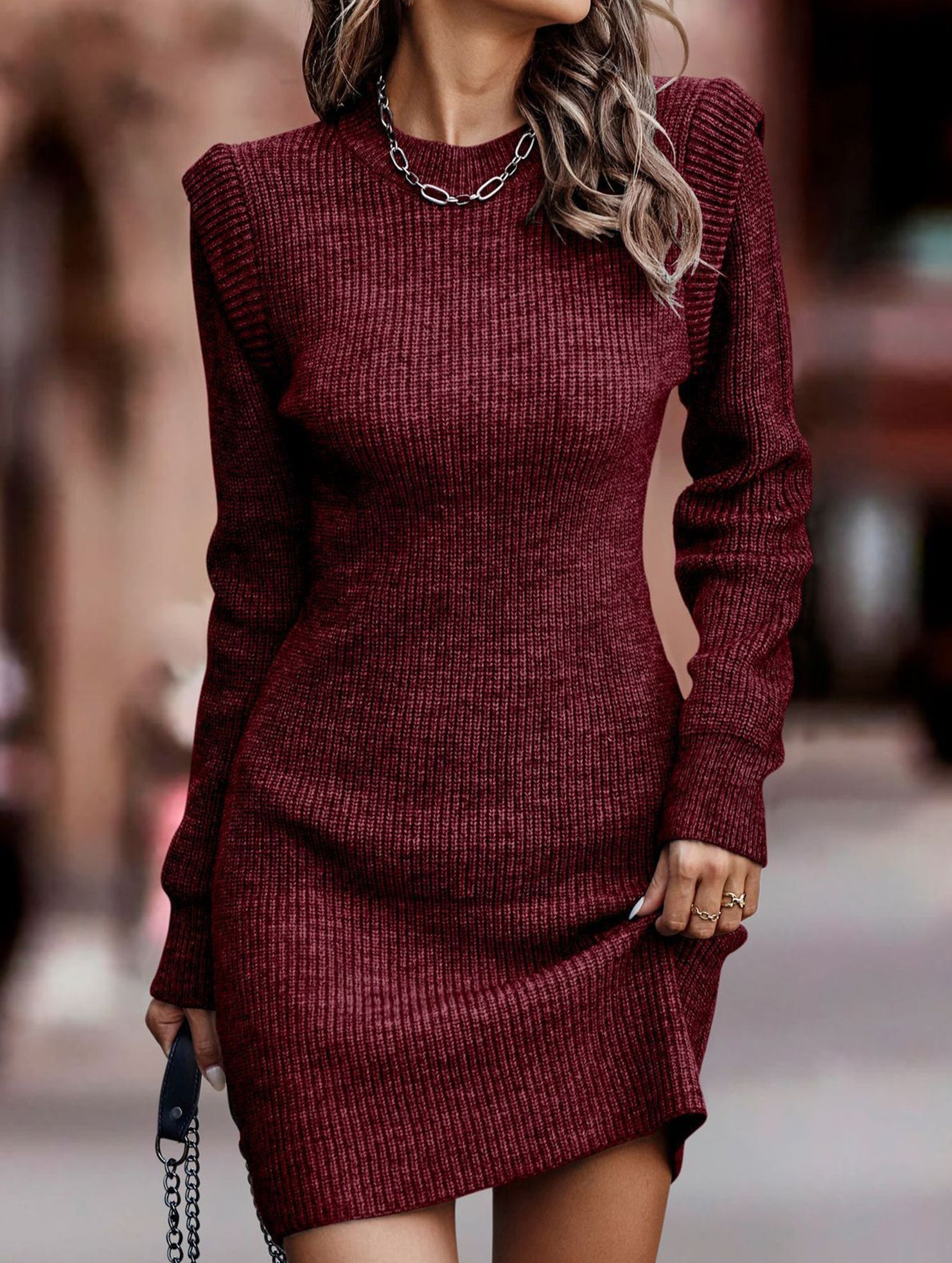 Anna-Berg | Round Neck Long-Sleeved Bodycon Sweater Dress
